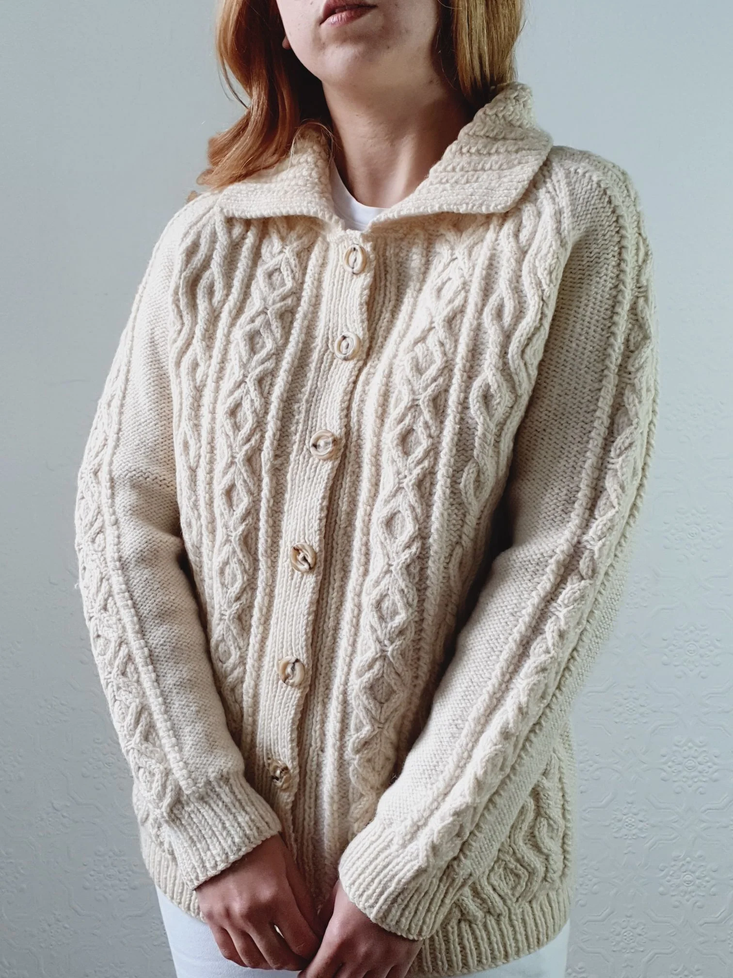 Vintage Pure Wool Handknitted Cream Aran Cardigan - S/M - Image 9