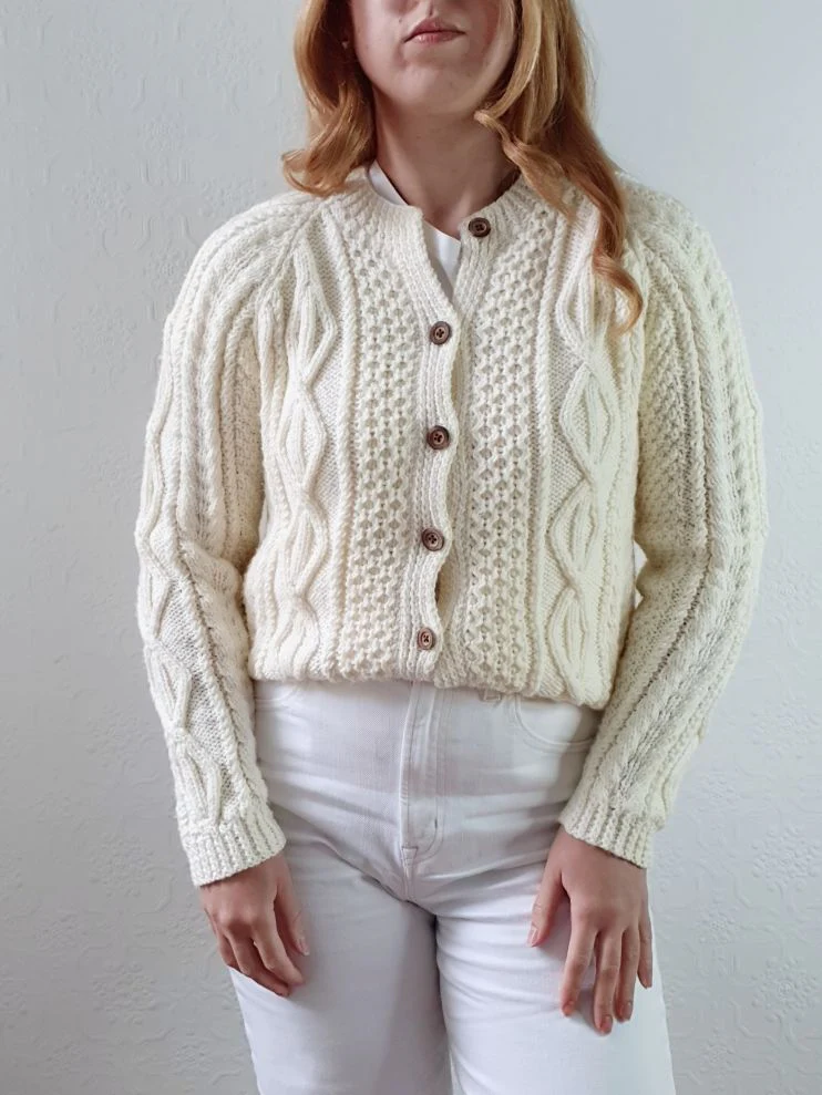 Vintage Pure Wool Handknitted Cream Aran Cardigan - XS