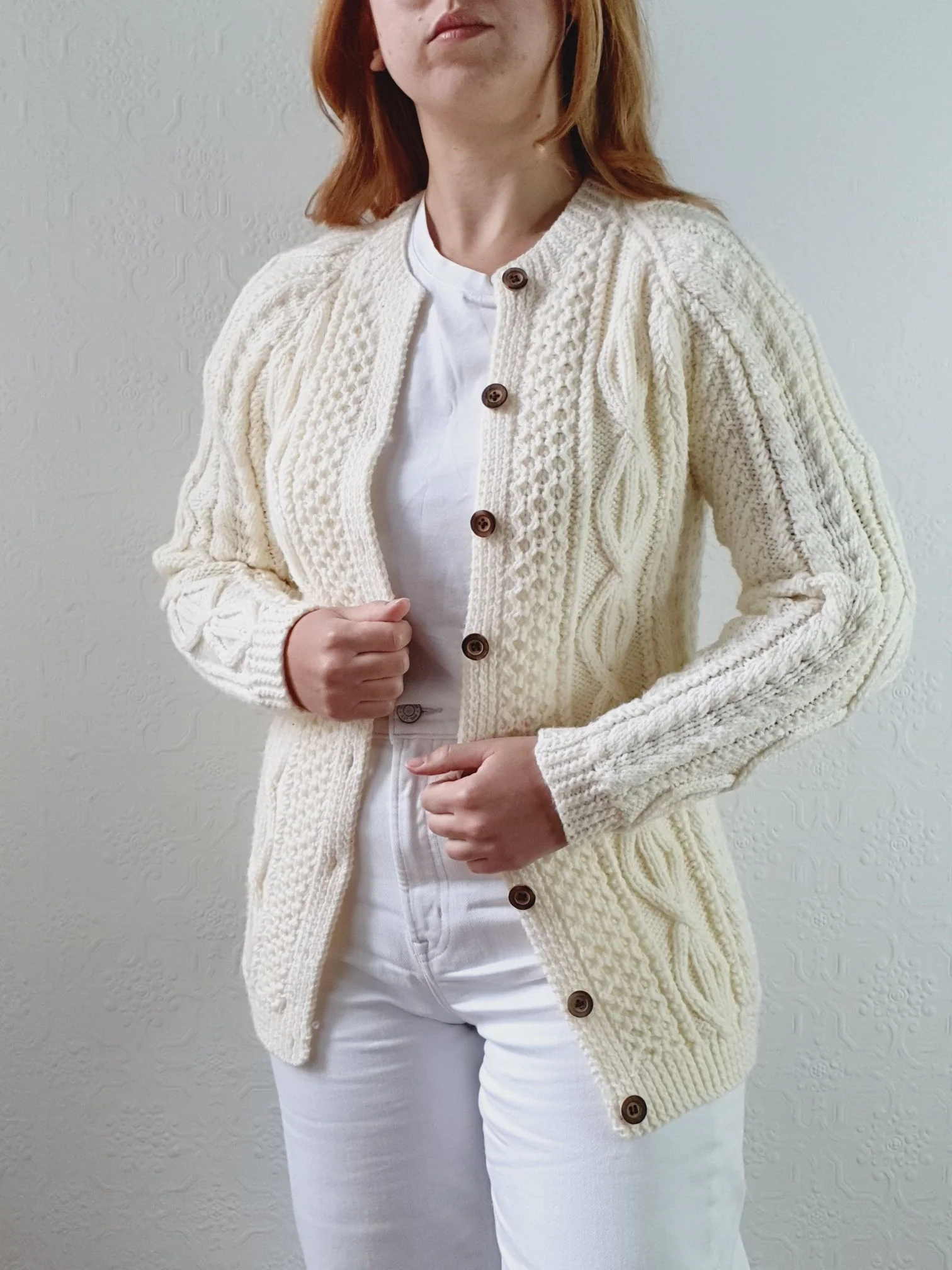 Vintage Pure Wool Handknitted Cream Aran Cardigan - XS - Image 2