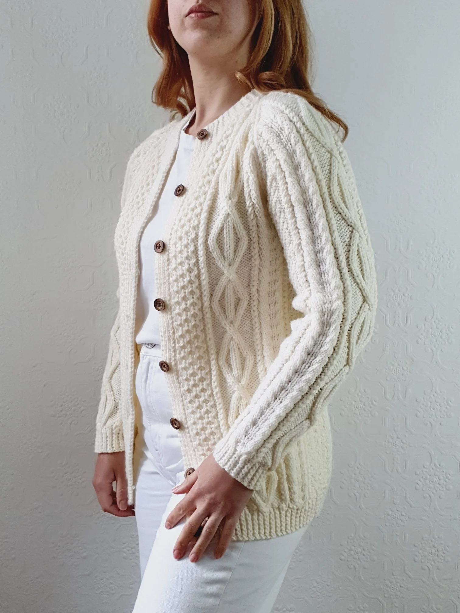 Vintage Pure Wool Handknitted Cream Aran Cardigan - XS - Image 3