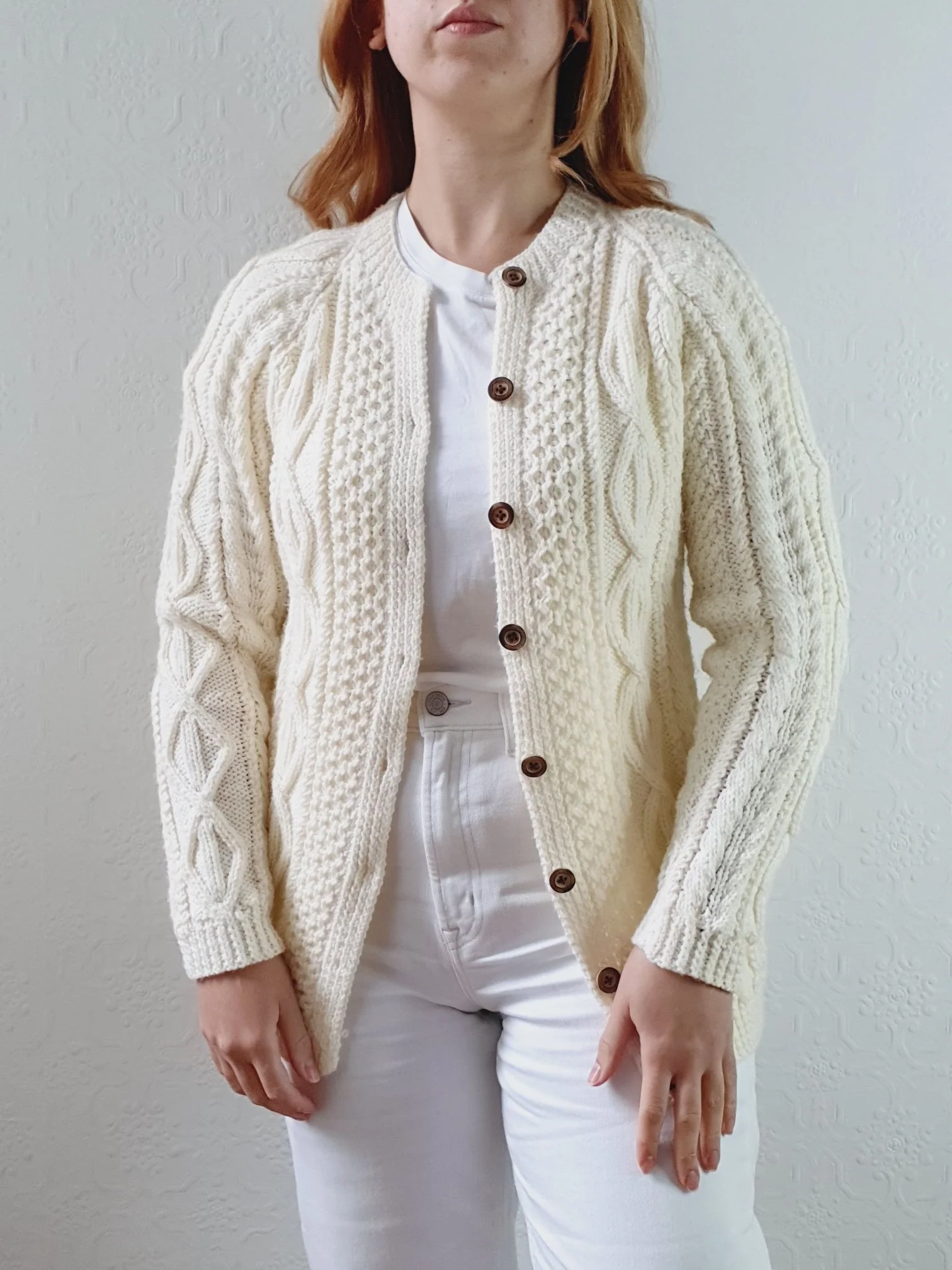 Vintage Pure Wool Handknitted Cream Aran Cardigan - XS - Image 4