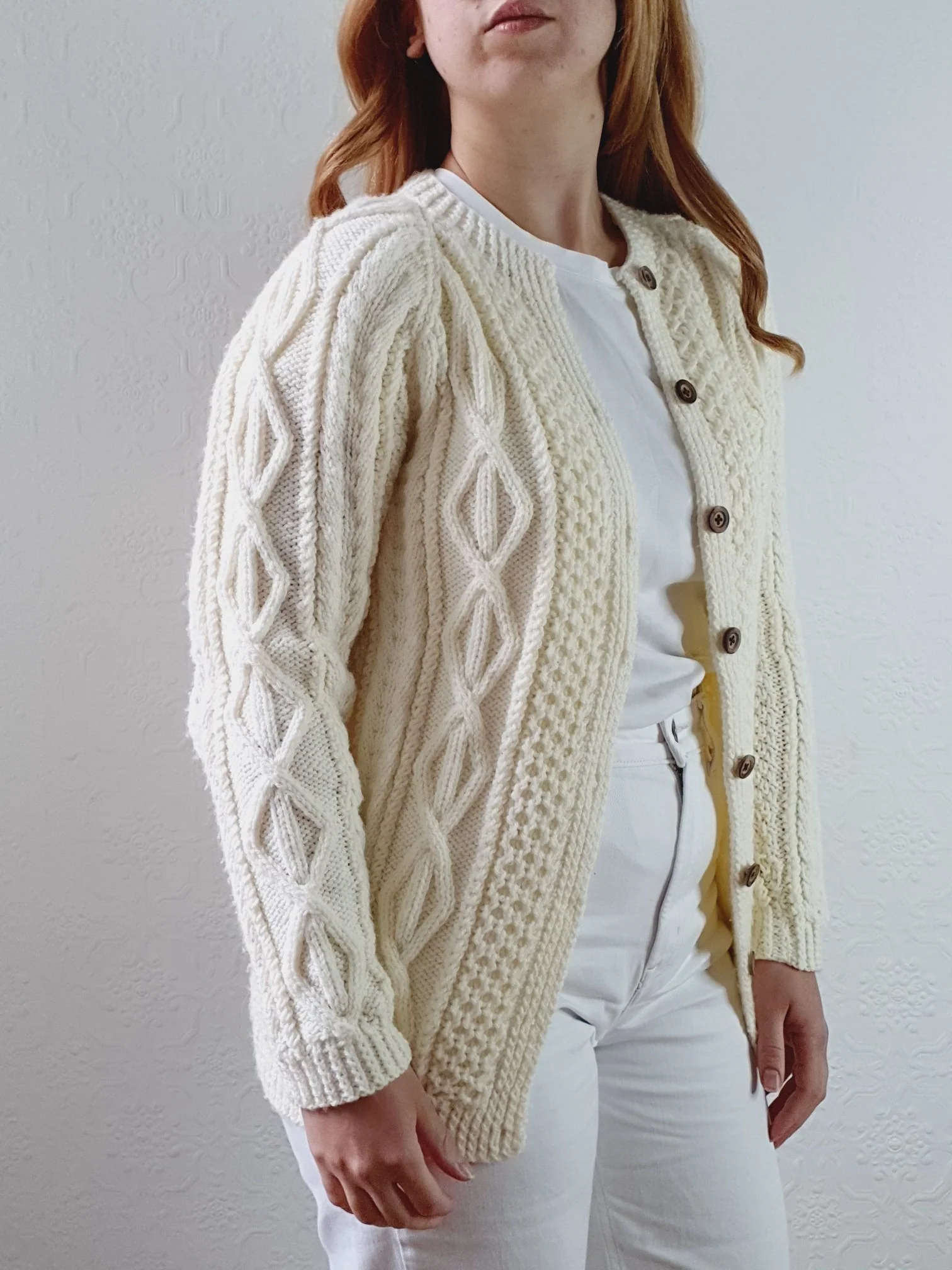 Vintage Pure Wool Handknitted Cream Aran Cardigan - XS - Image 6