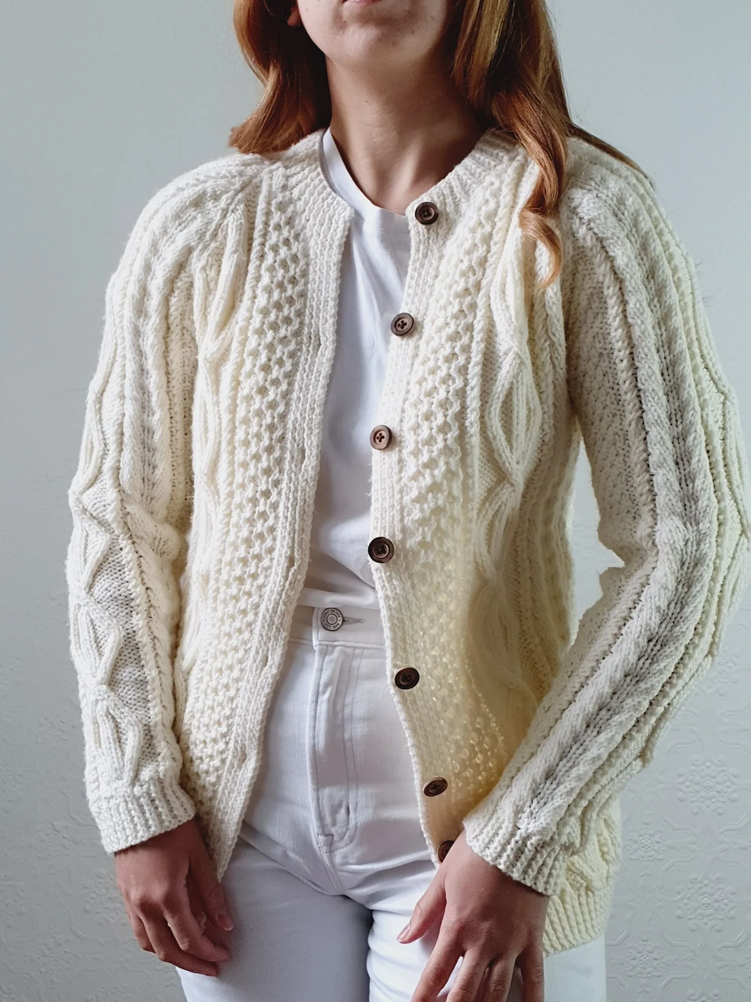 Vintage Pure Wool Handknitted Cream Aran Cardigan - XS - Image 7