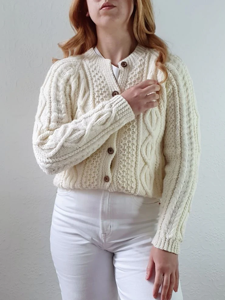 Vintage Pure Wool Handknitted Cream Aran Cardigan - XS - Image 9