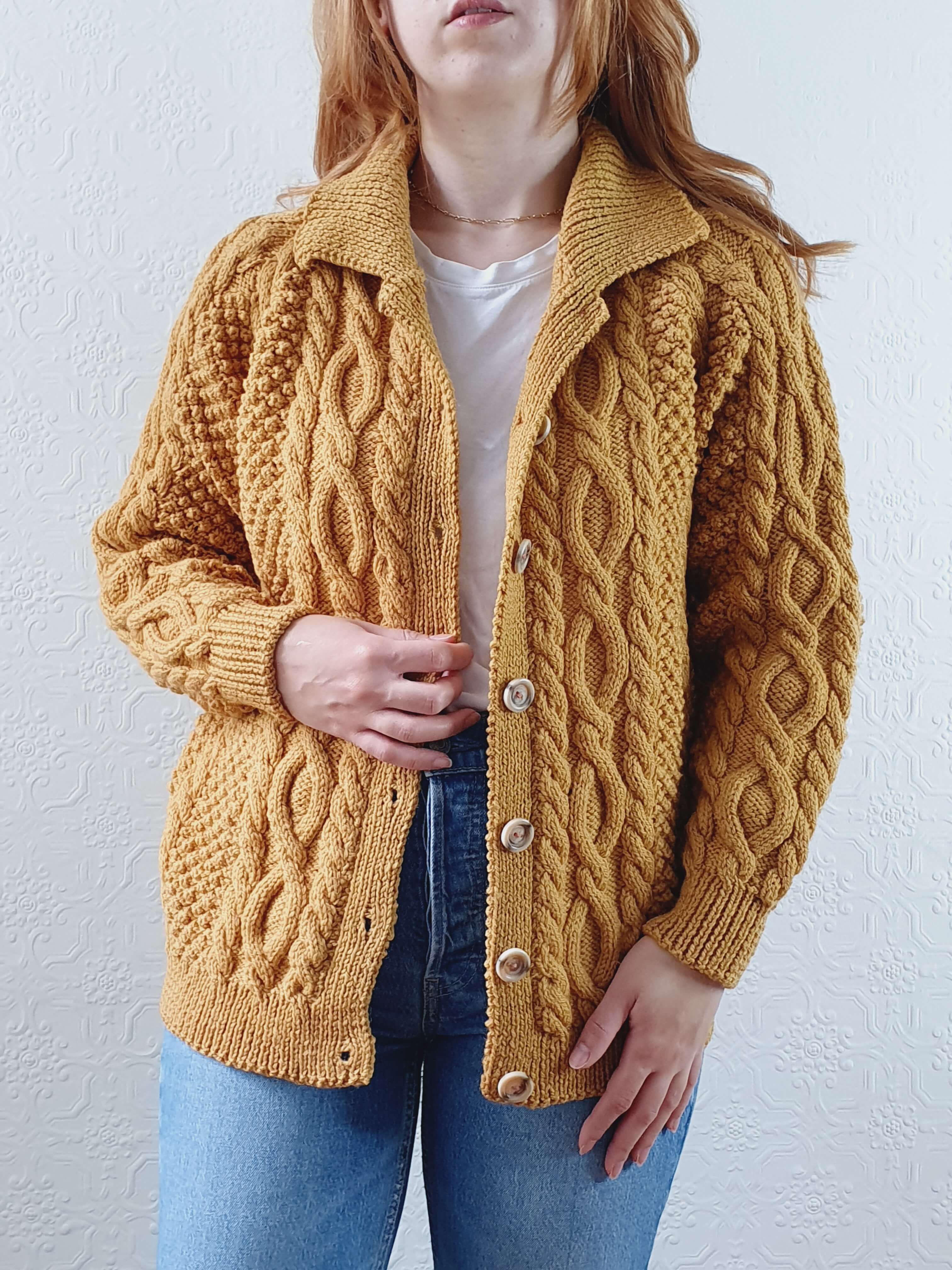 Vintage Pure Wool Handknitted Mustard Aran Cardigan - M/L