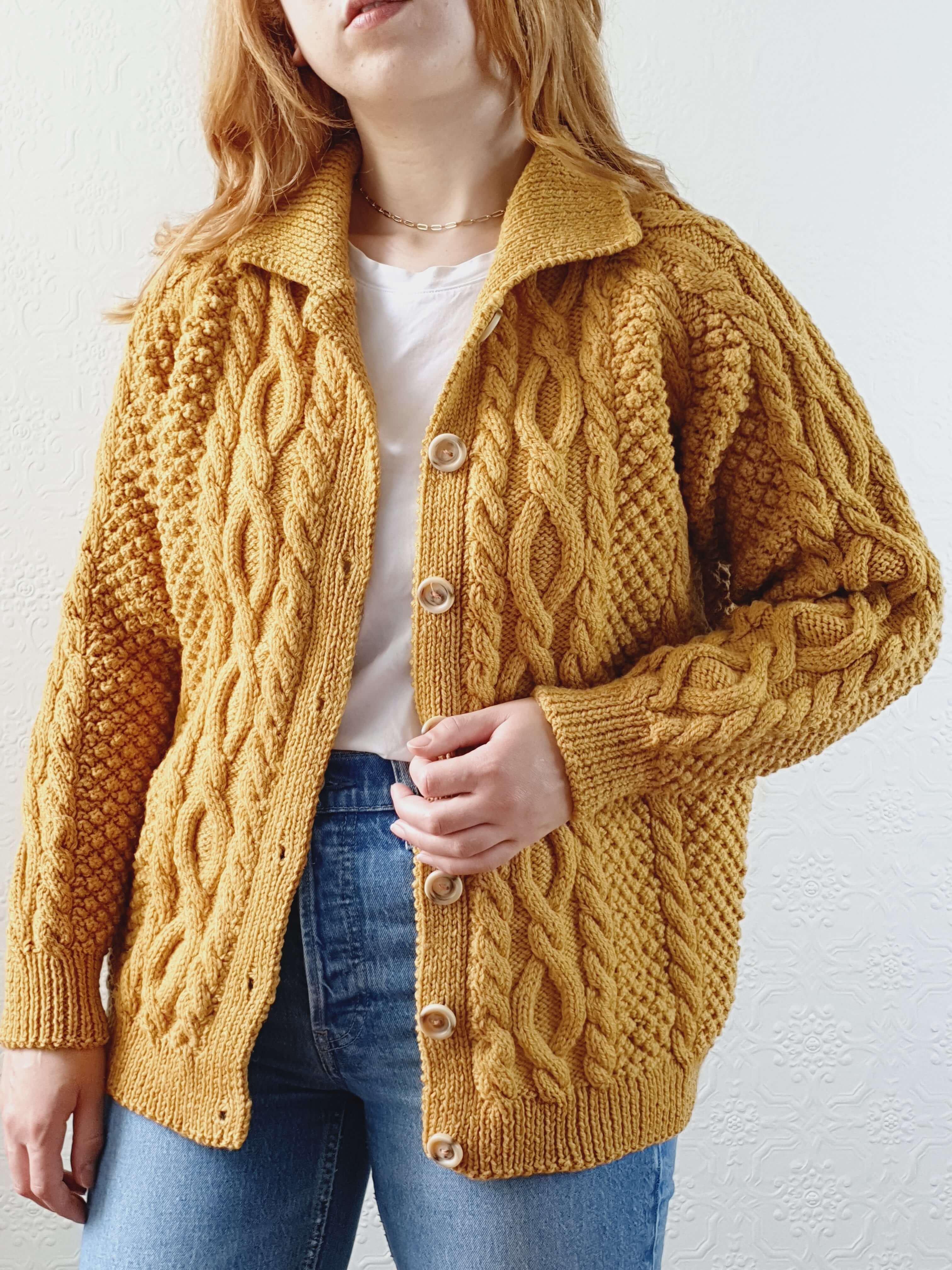 Vintage Pure Wool Handknitted Mustard Aran Cardigan - M/L - Image 10