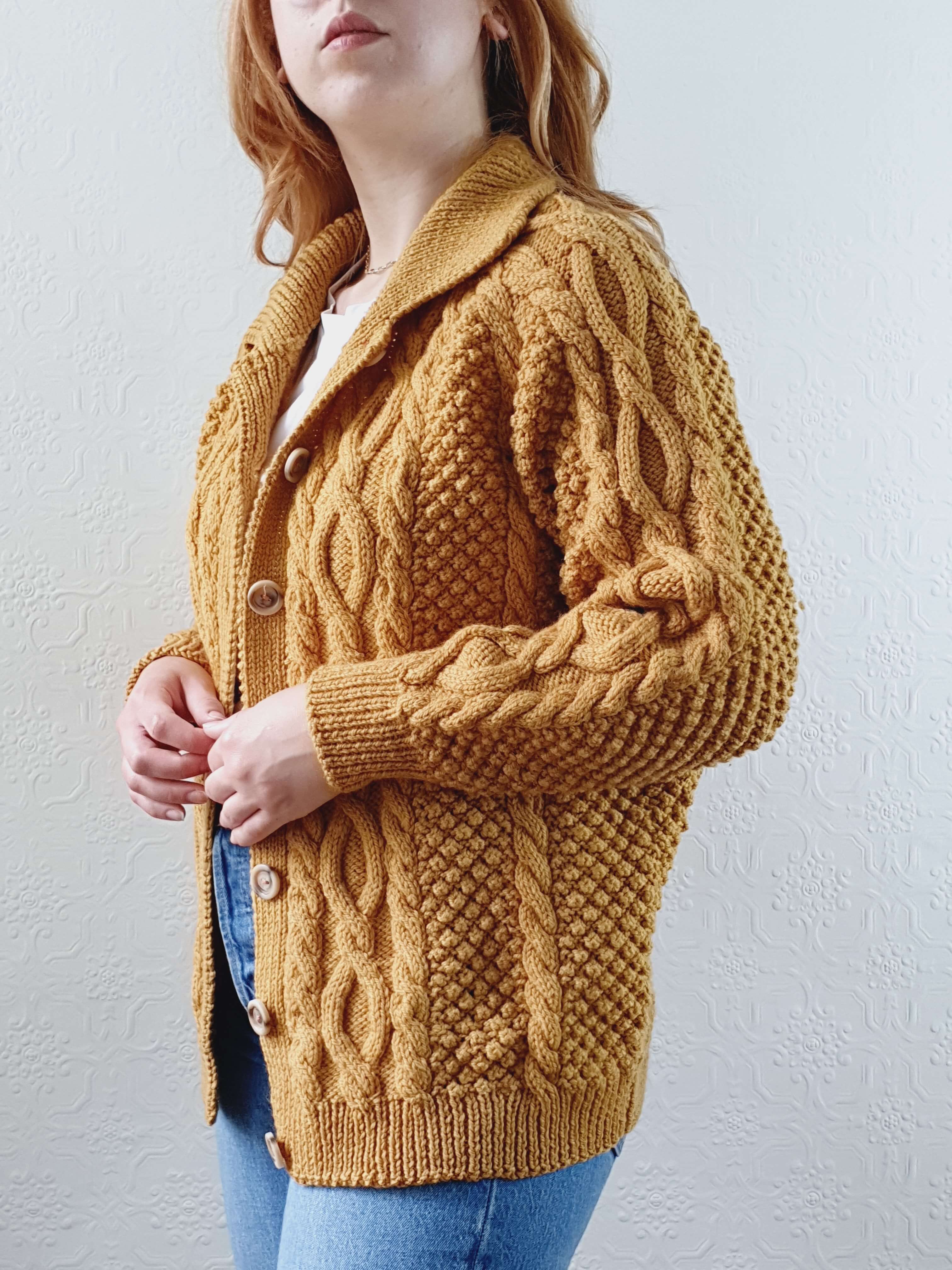 Vintage Pure Wool Handknitted Mustard Aran Cardigan - M/L - Image 11
