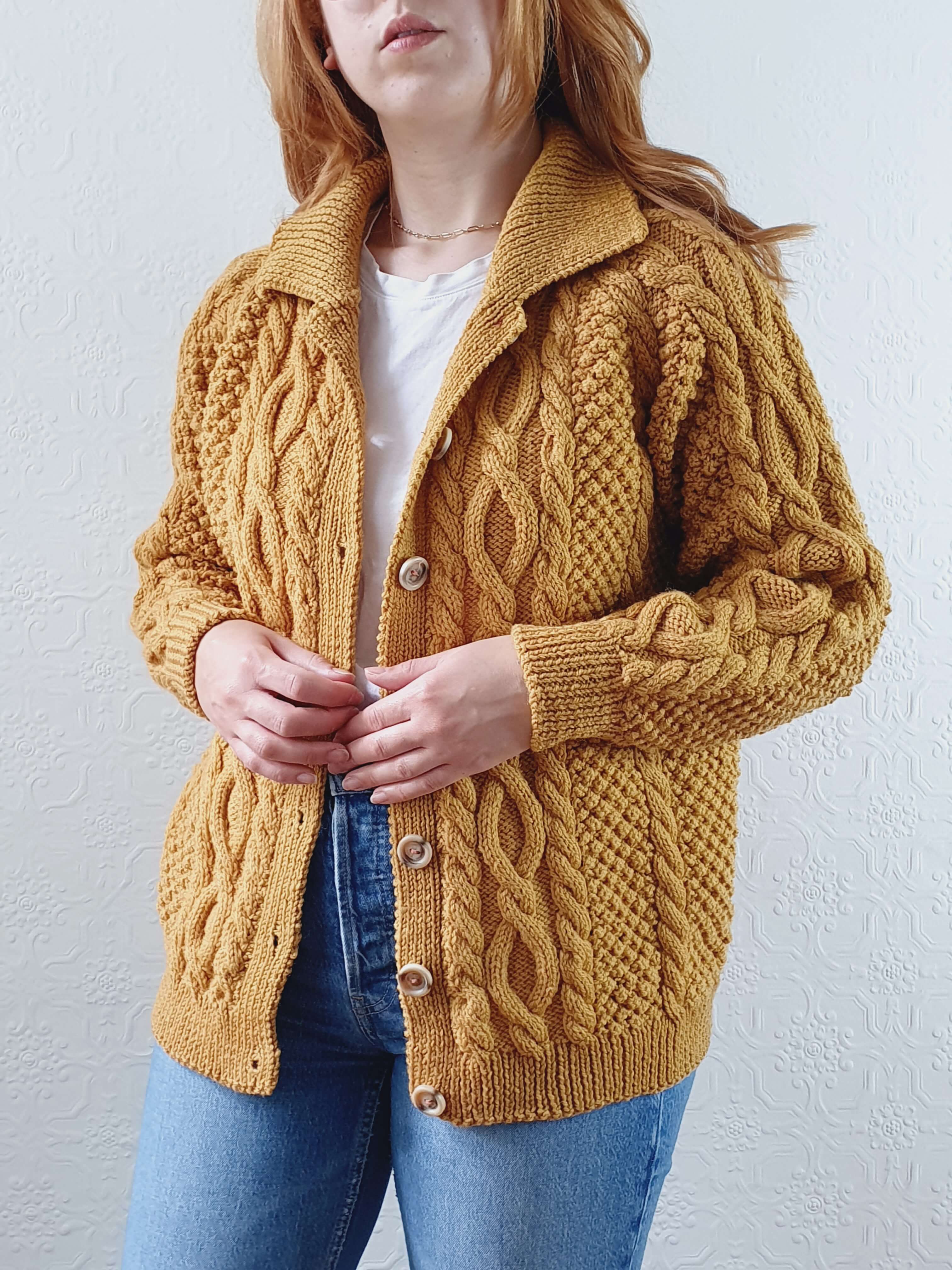 Vintage Pure Wool Handknitted Mustard Aran Cardigan - M/L - Image 13