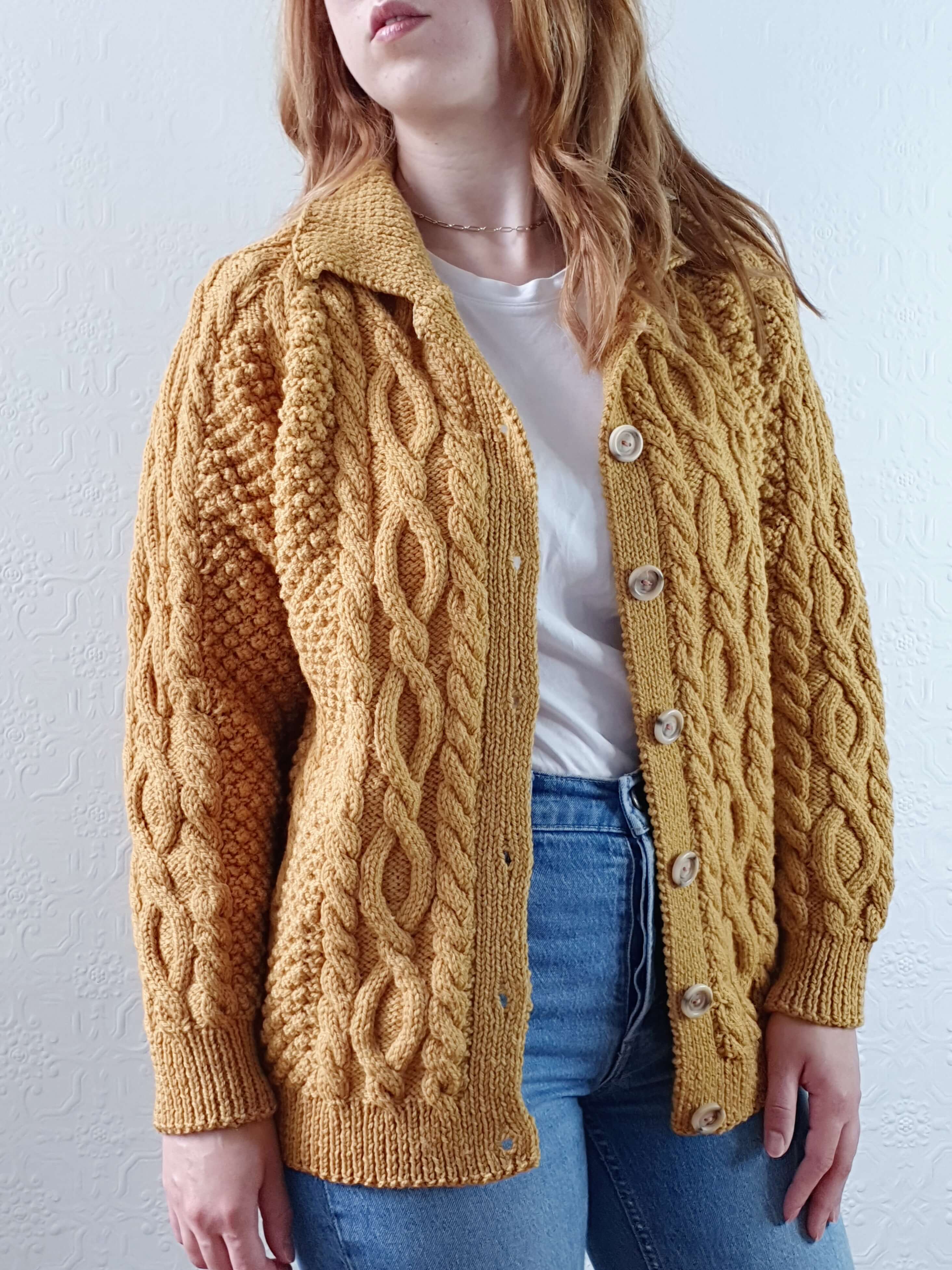 Vintage Pure Wool Handknitted Mustard Aran Cardigan - M/L - Image 2