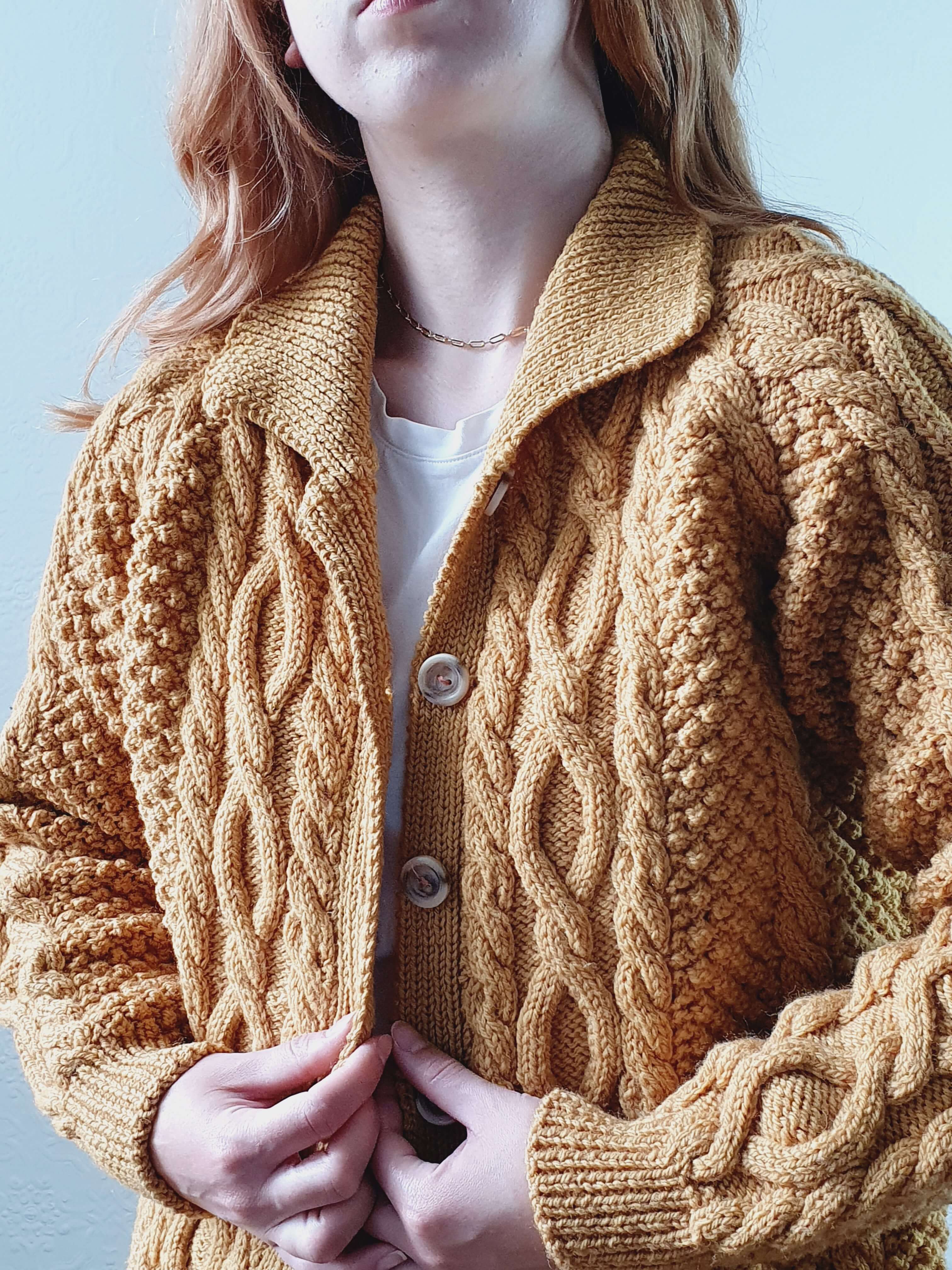 Vintage Pure Wool Handknitted Mustard Aran Cardigan - M/L - Image 3