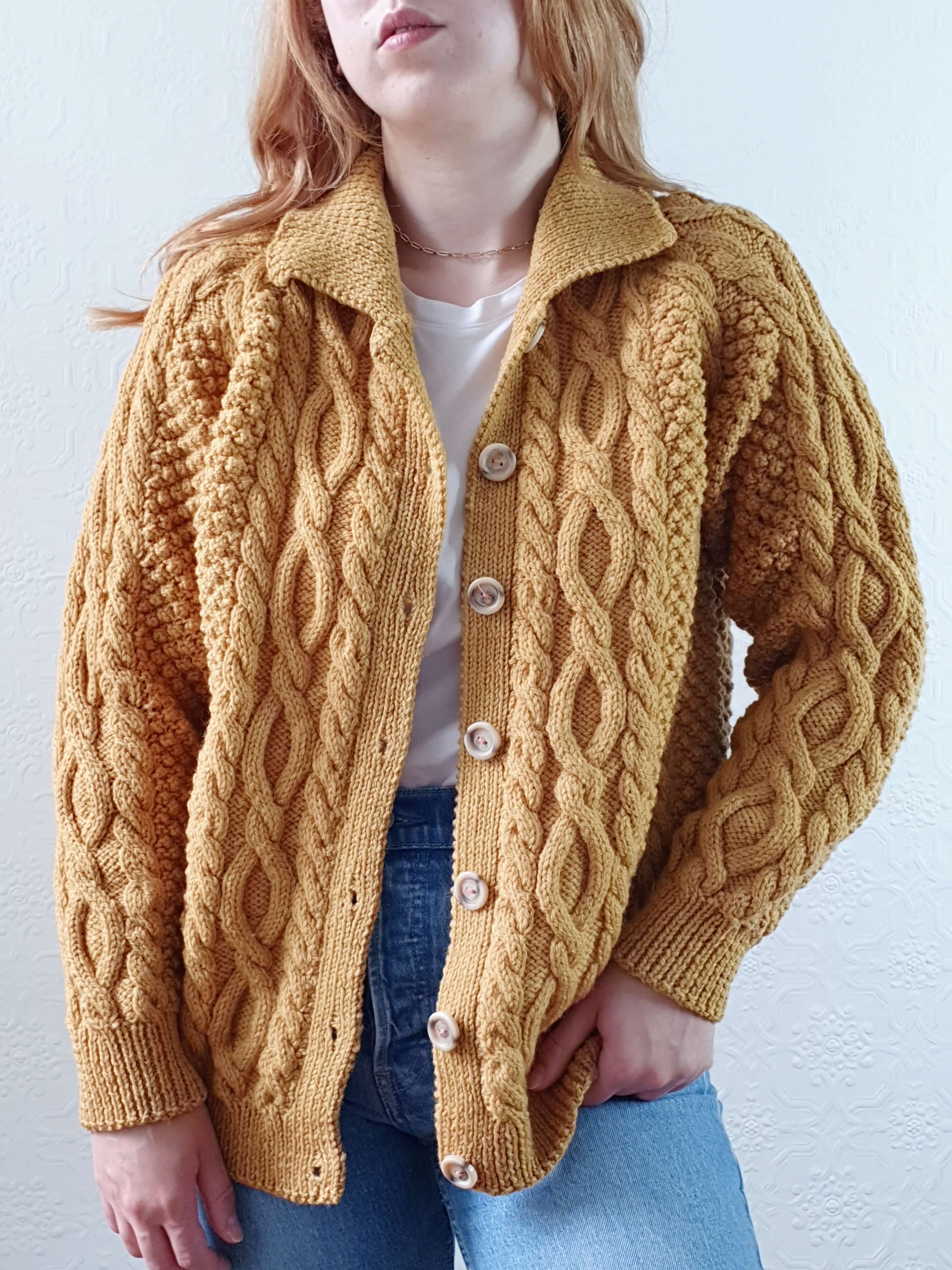 Vintage Pure Wool Handknitted Mustard Aran Cardigan - M/L - Image 6