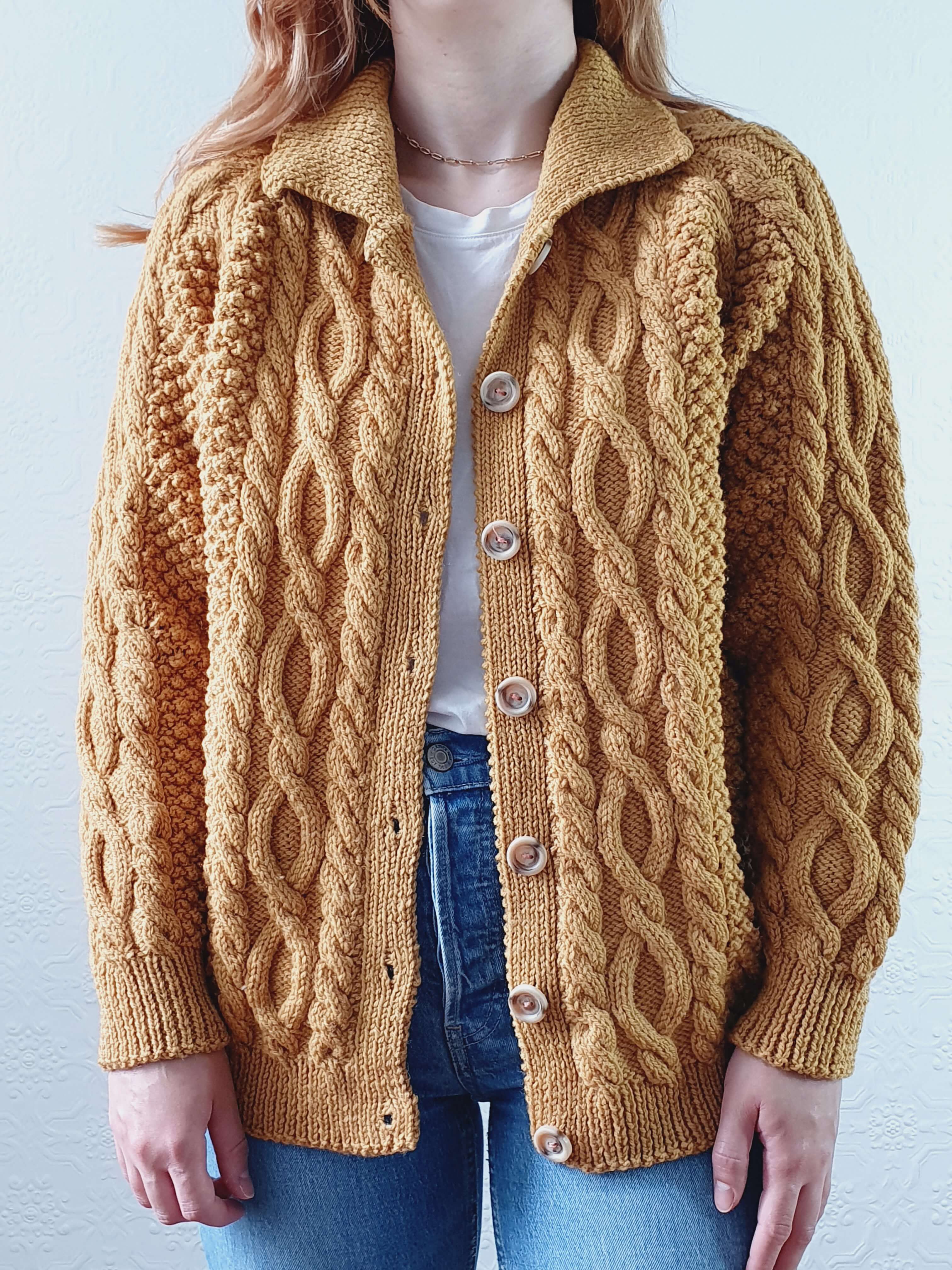 Vintage Pure Wool Handknitted Mustard Aran Cardigan - M/L - Image 7