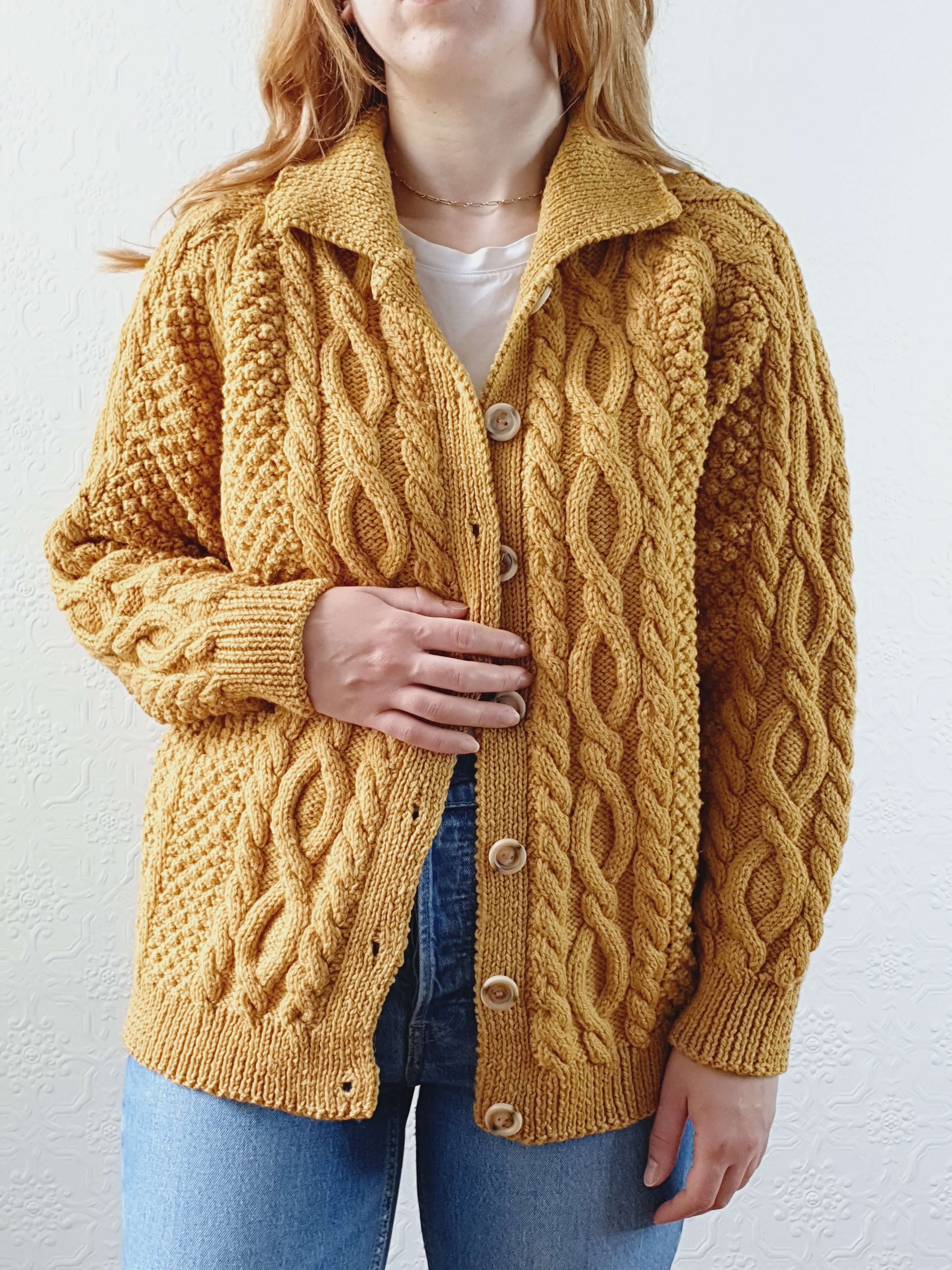 Vintage Pure Wool Handknitted Mustard Aran Cardigan - M/L - Image 8