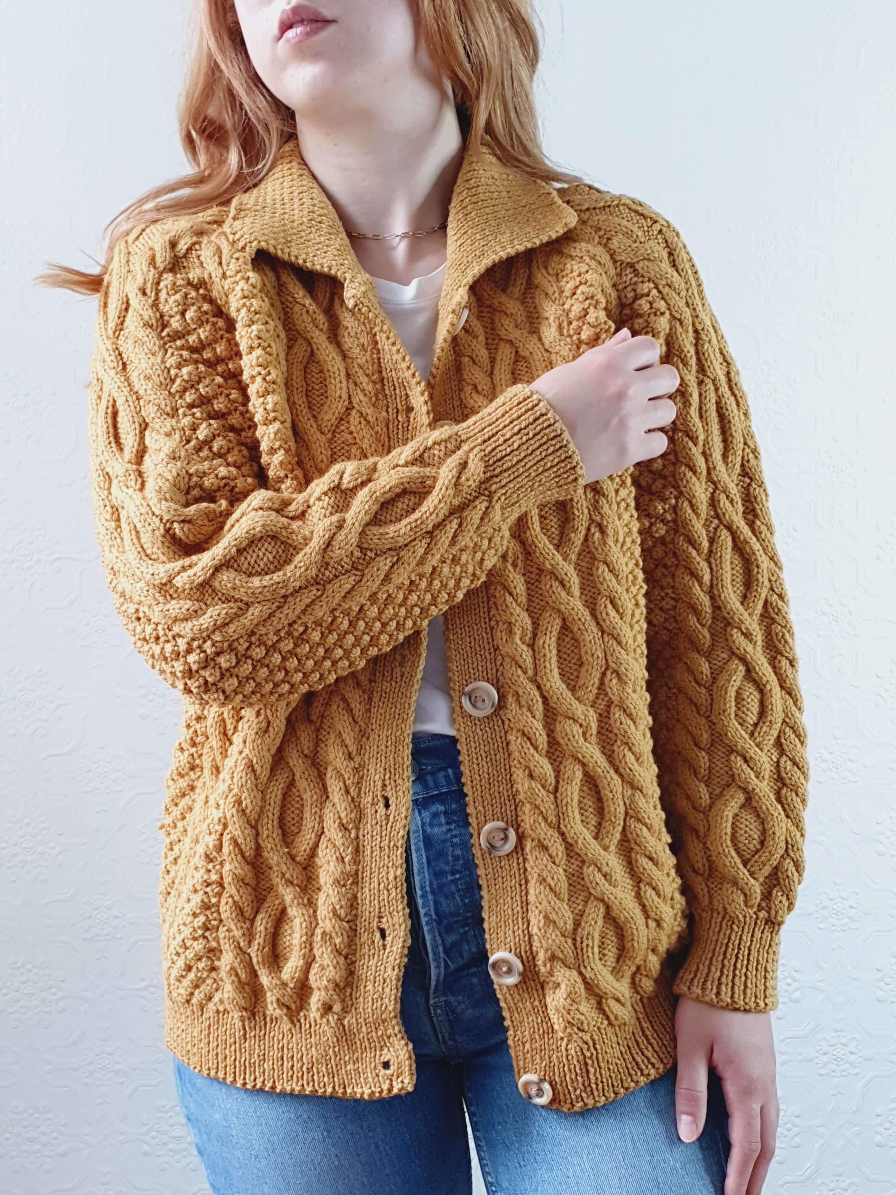 Vintage Pure Wool Handknitted Mustard Aran Cardigan - M/L - Image 9