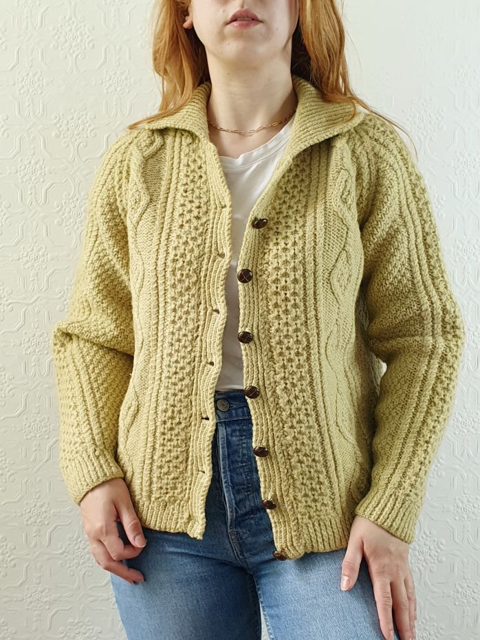 Vintage Pure Wool Handknitted Olive Green Aran Cardigan - S/M
