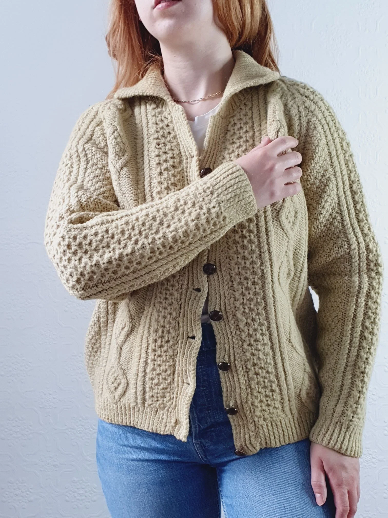 Vintage Pure Wool Handknitted Olive Green Aran Cardigan - S/M - Image 10