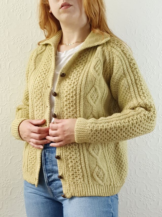 Vintage Pure Wool Handknitted Olive Green Aran Cardigan - S/M - Image 2