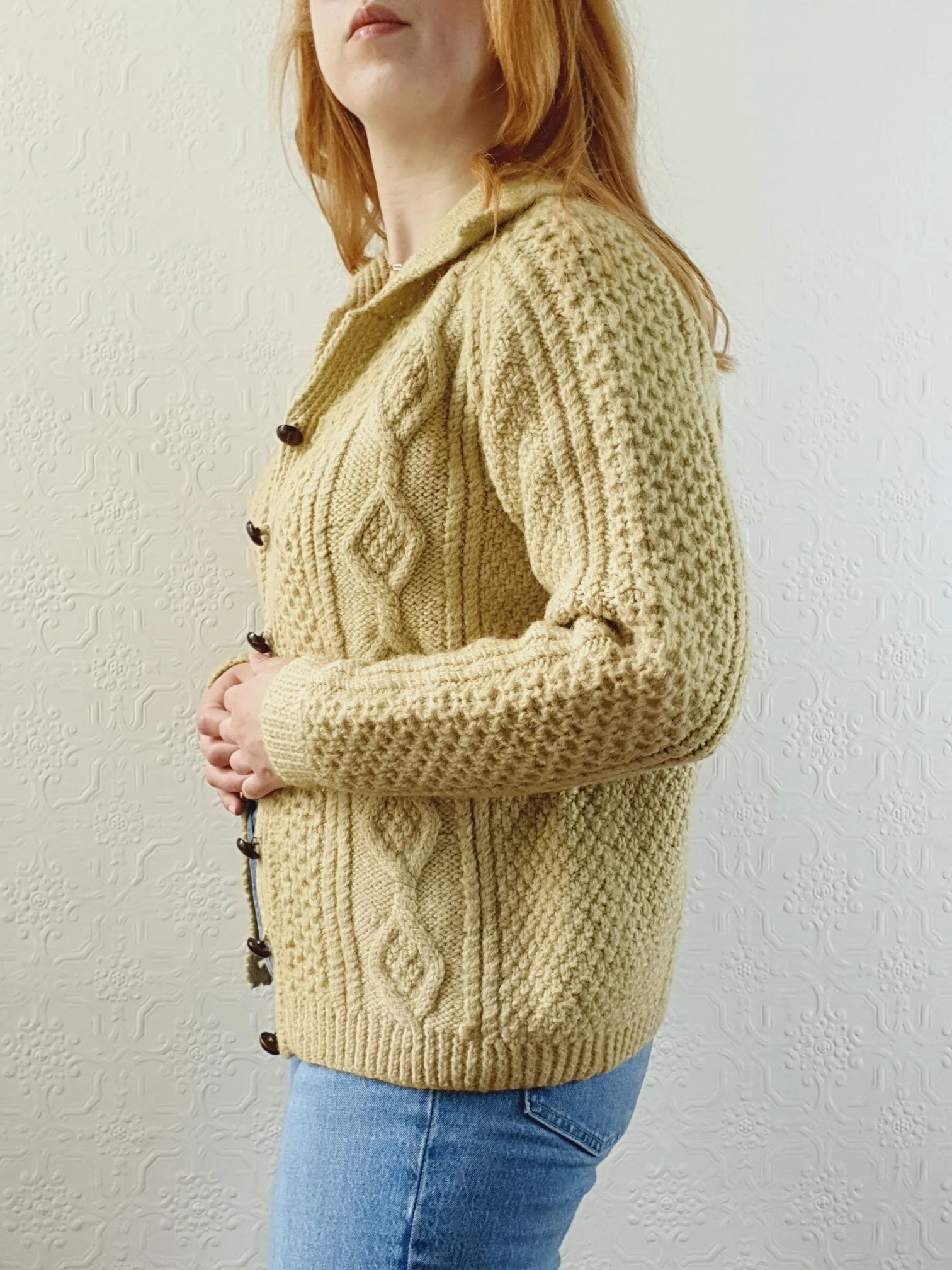 Vintage Pure Wool Handknitted Olive Green Aran Cardigan - S/M - Image 3