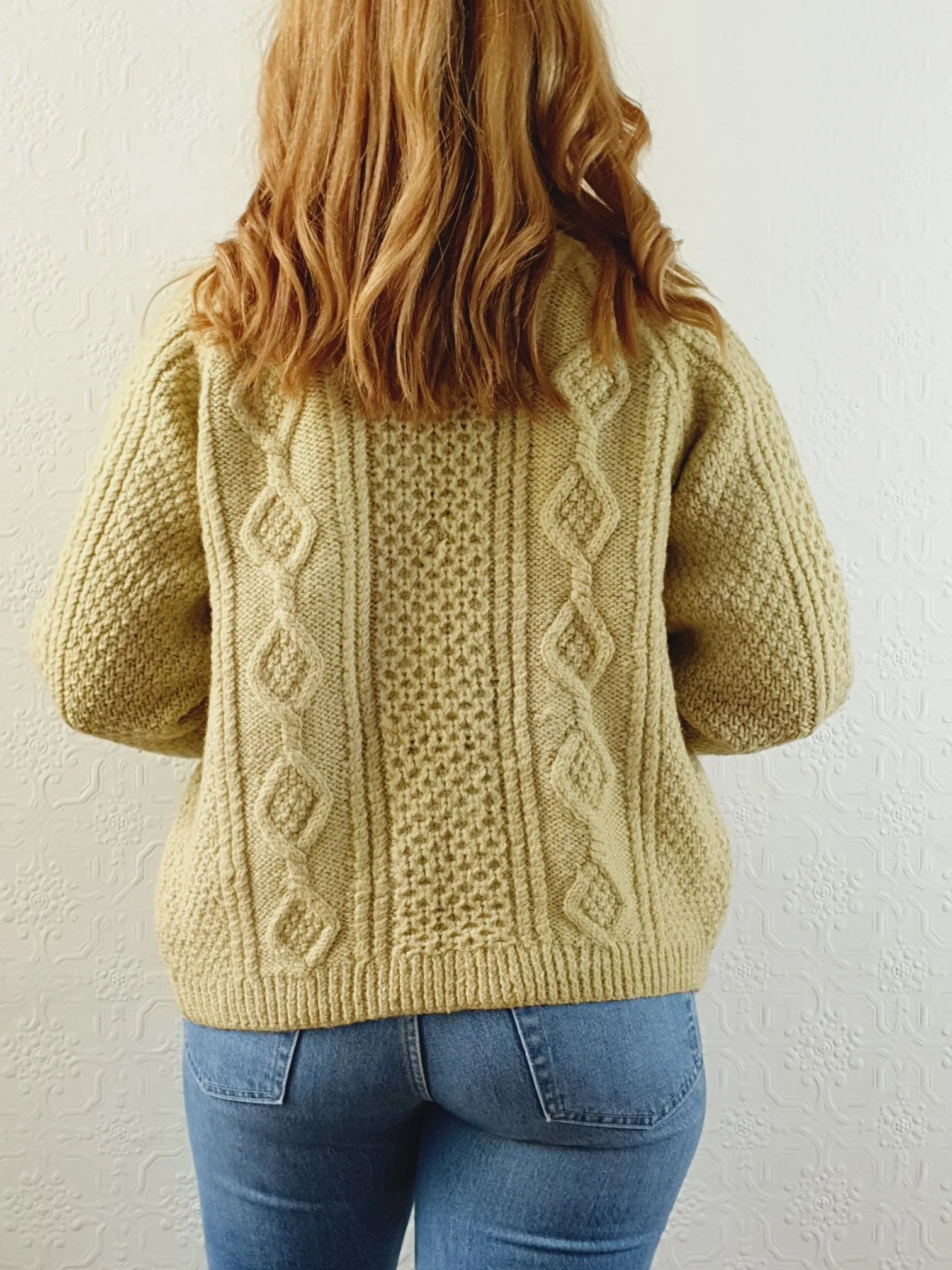 Vintage Pure Wool Handknitted Olive Green Aran Cardigan - S/M - Image 4