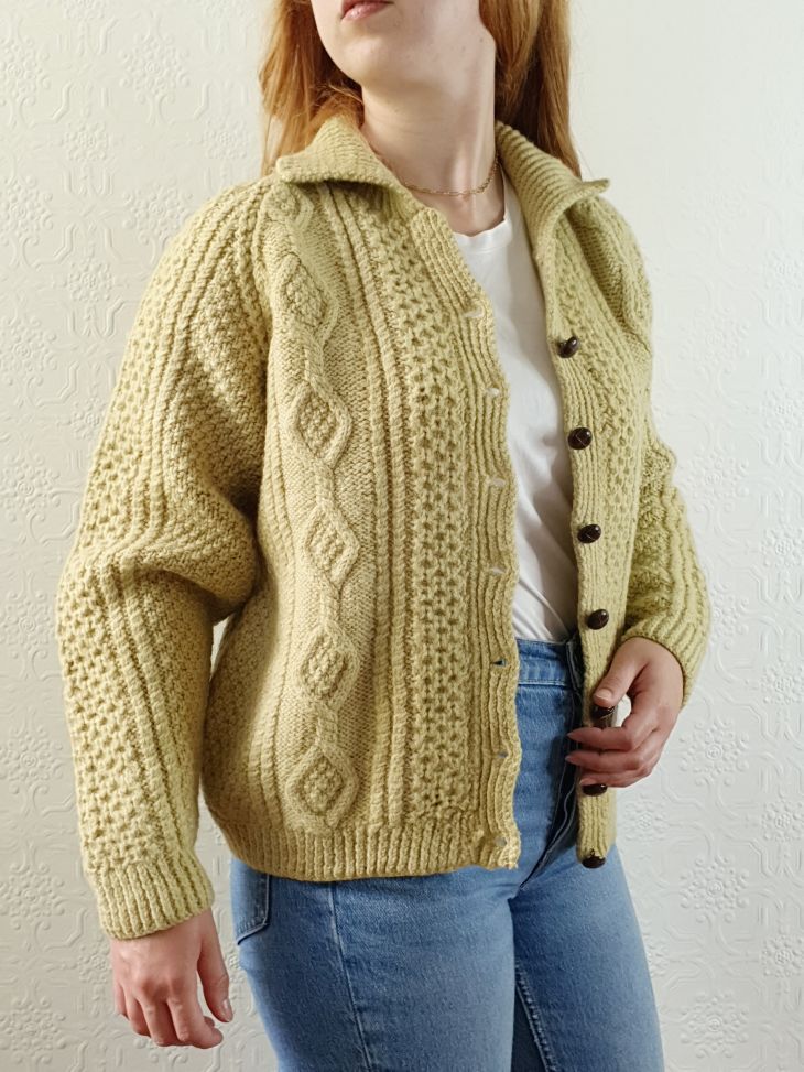 Vintage Pure Wool Handknitted Olive Green Aran Cardigan - S/M - Image 5