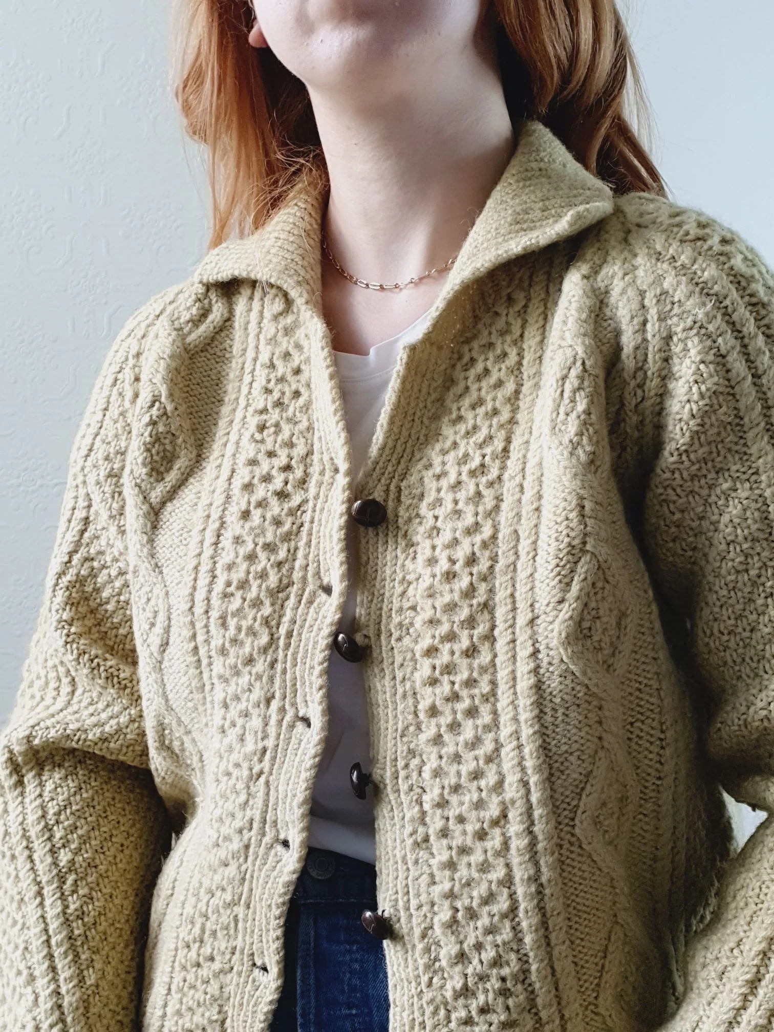 Vintage Pure Wool Handknitted Olive Green Aran Cardigan - S/M - Image 6