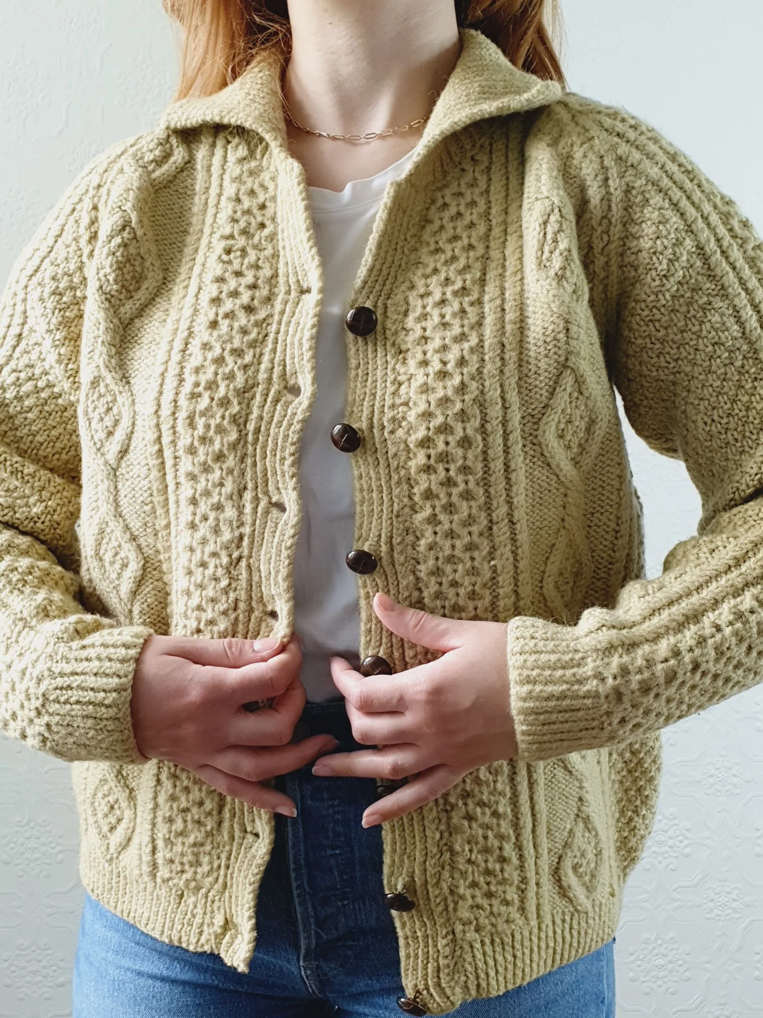 Vintage Pure Wool Handknitted Olive Green Aran Cardigan - S/M - Image 7