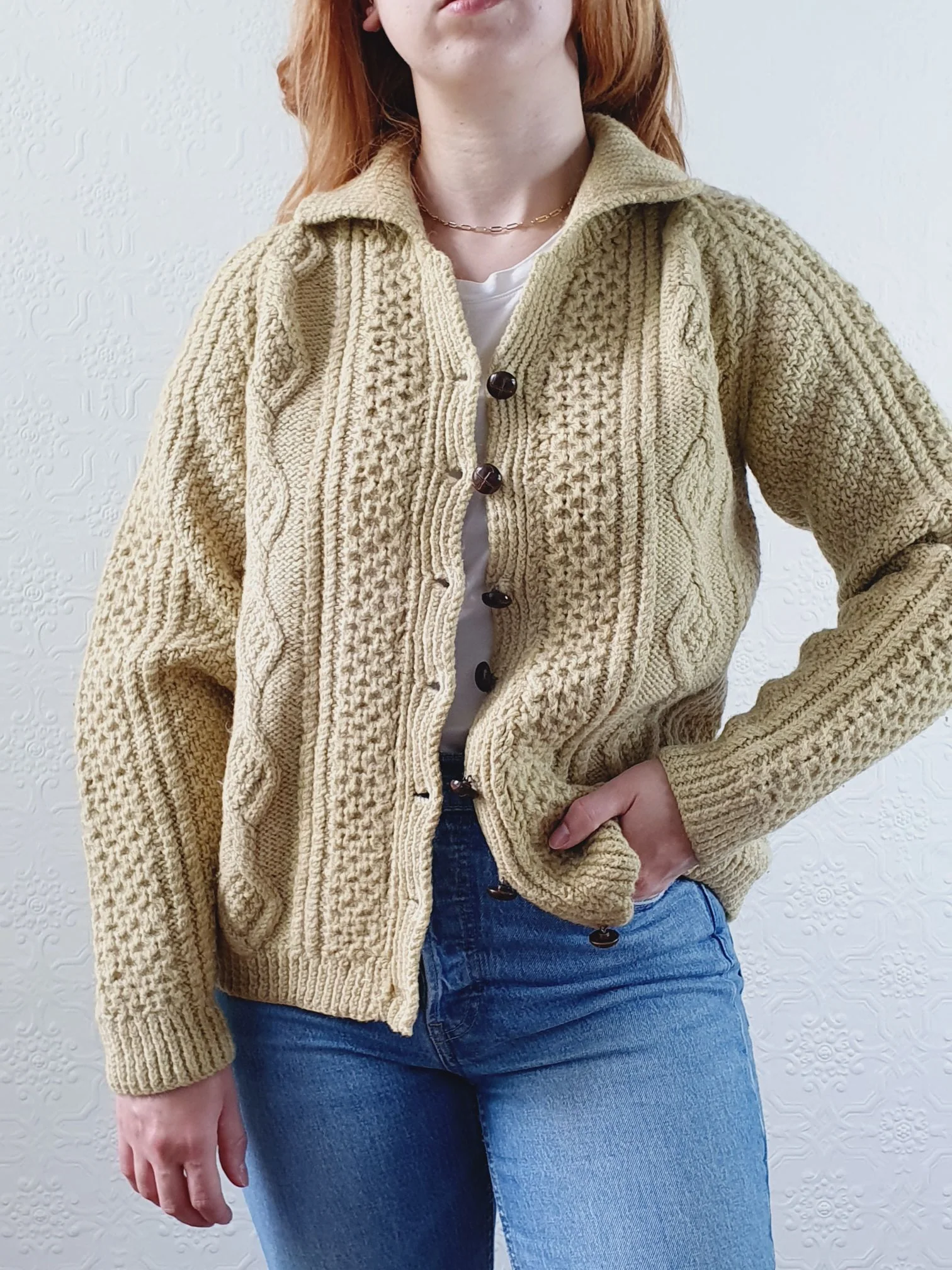 Vintage Pure Wool Handknitted Olive Green Aran Cardigan - S/M - Image 8