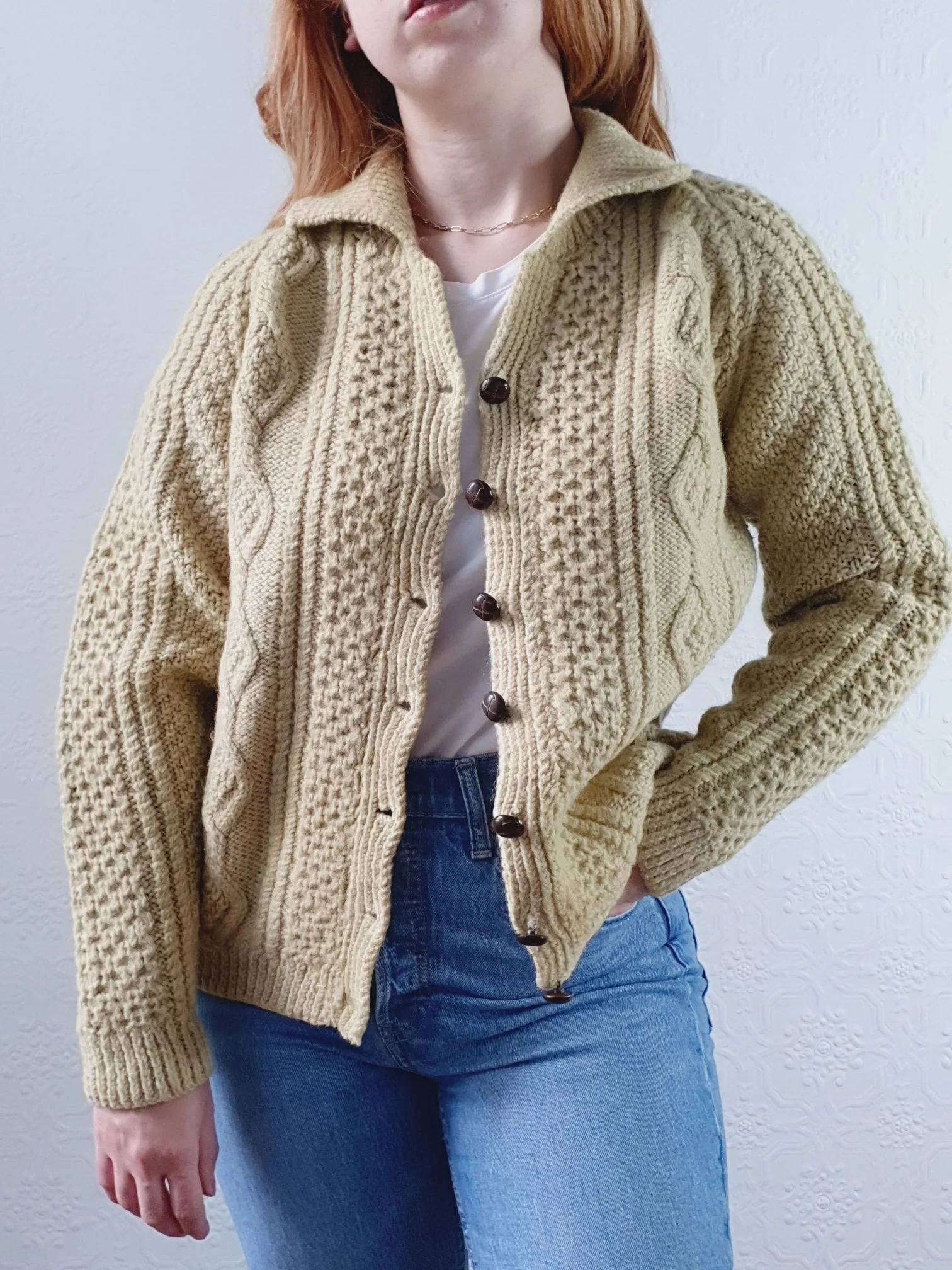 Vintage Pure Wool Handknitted Olive Green Aran Cardigan - S/M - Image 9