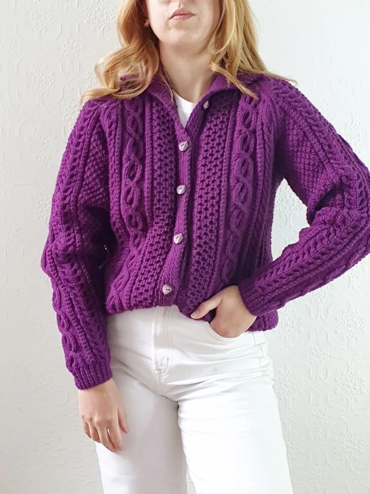 Vintage Pure Wool Handknitted Purple Aran Cardigan - S