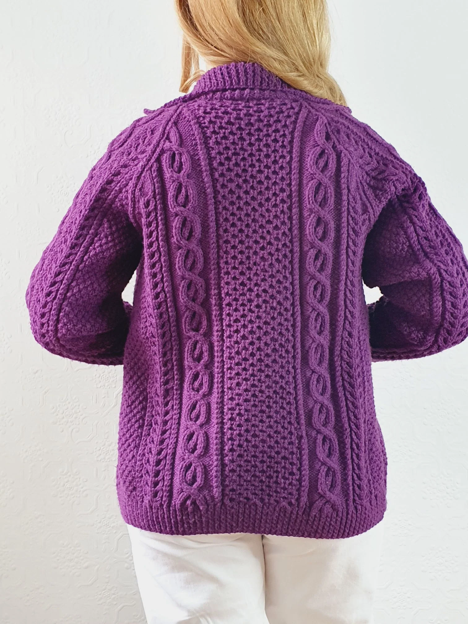 Vintage Pure Wool Handknitted Purple Aran Cardigan - S - Image 10