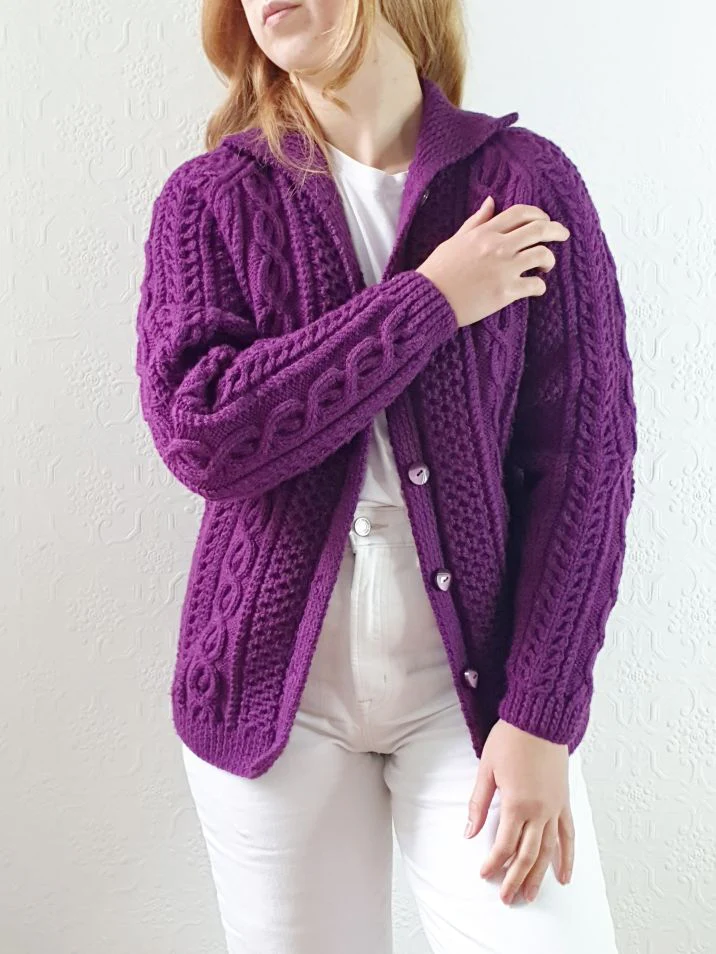 Vintage Pure Wool Handknitted Purple Aran Cardigan - S - Image 2