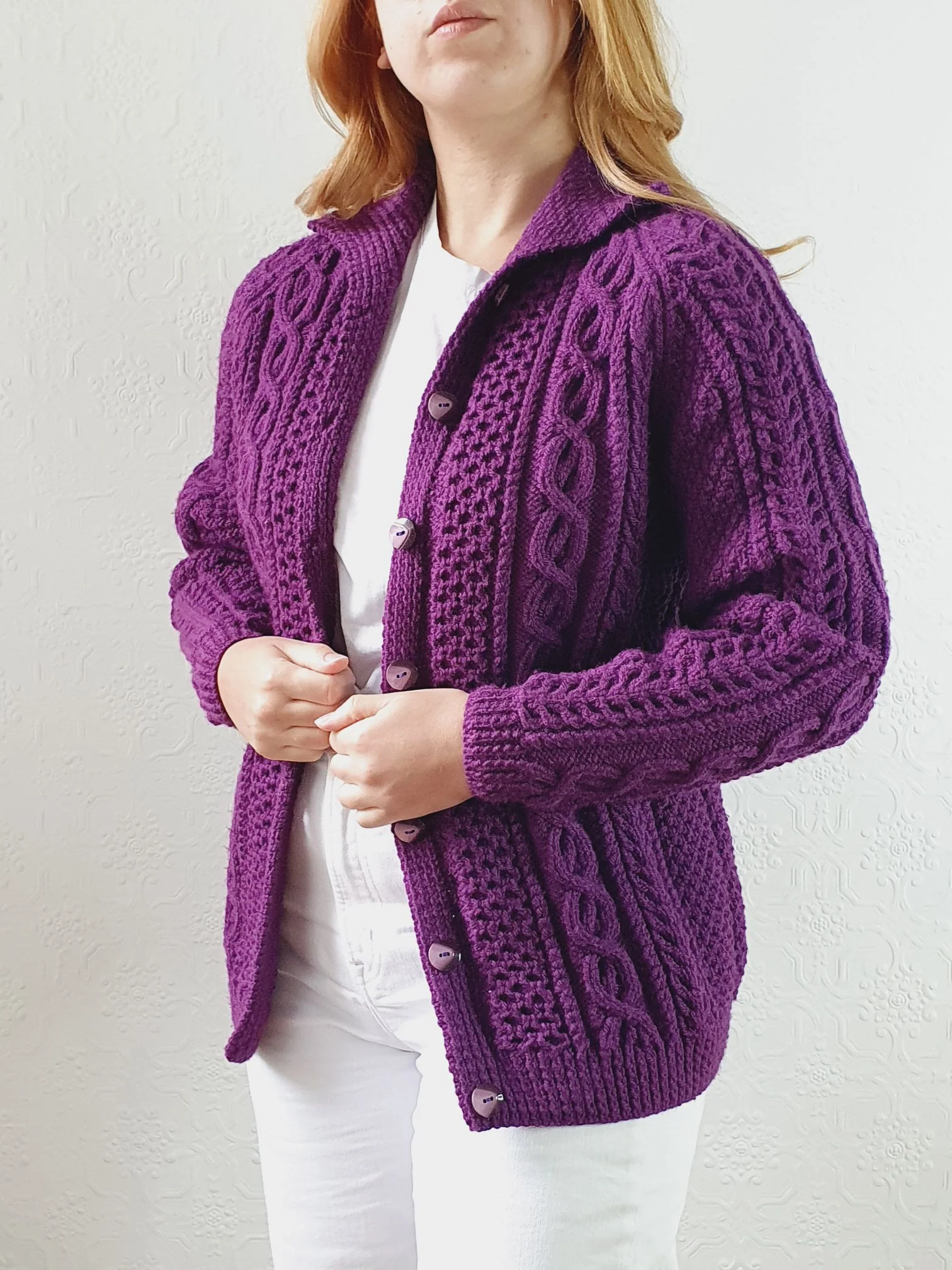 Vintage Pure Wool Handknitted Purple Aran Cardigan - S - Image 3