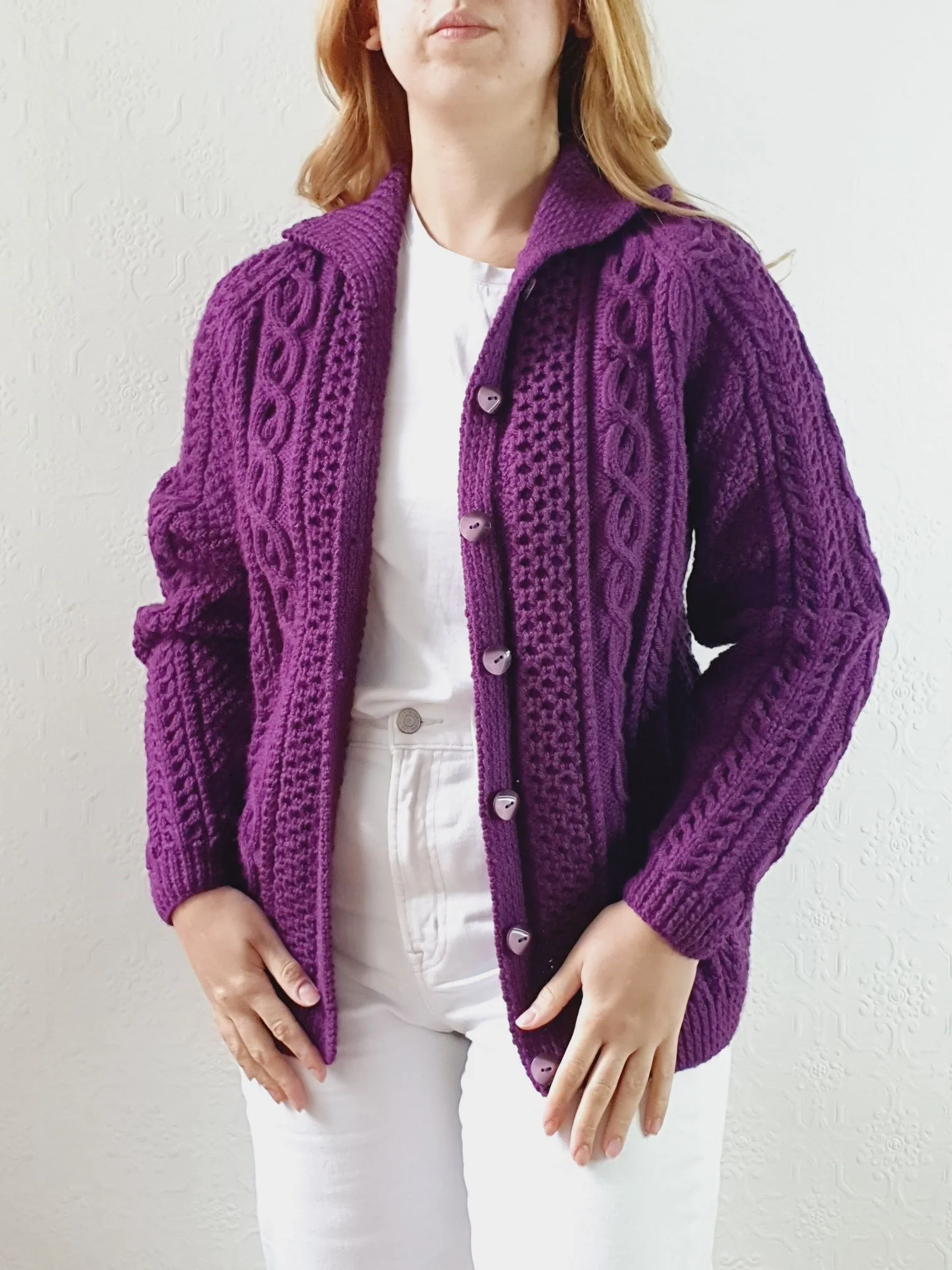 Vintage Pure Wool Handknitted Purple Aran Cardigan - S - Image 4