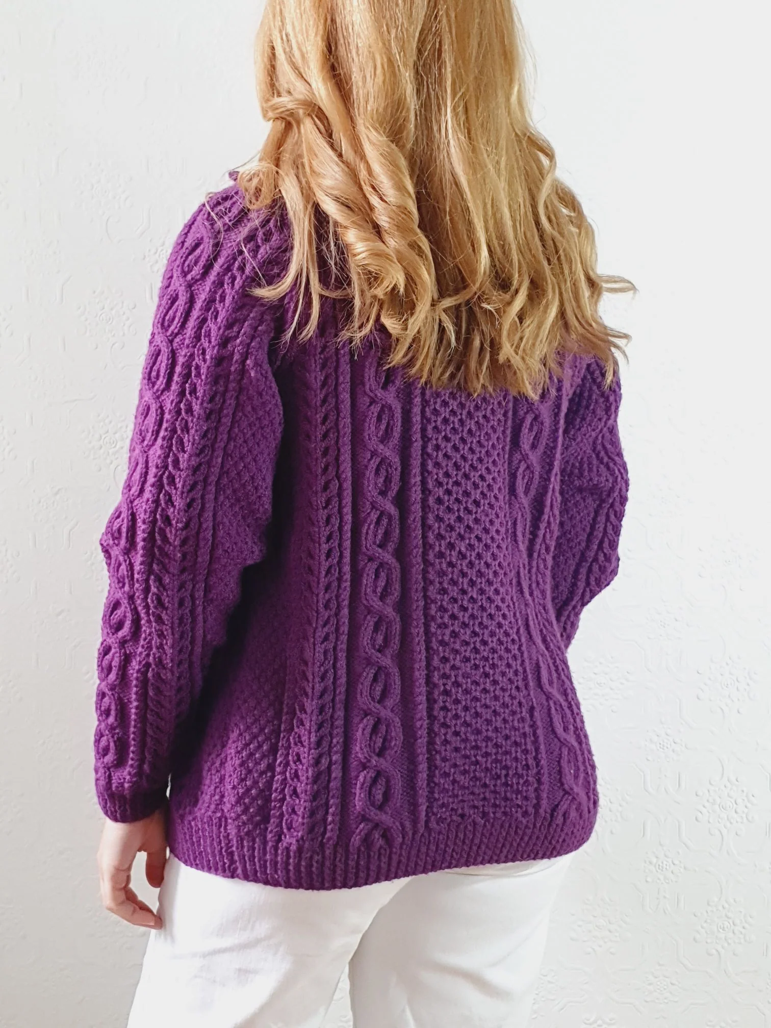 Vintage Pure Wool Handknitted Purple Aran Cardigan - S - Image 5