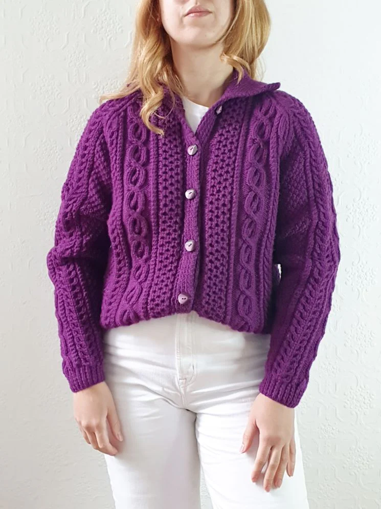 Vintage Pure Wool Handknitted Purple Aran Cardigan - S - Image 6