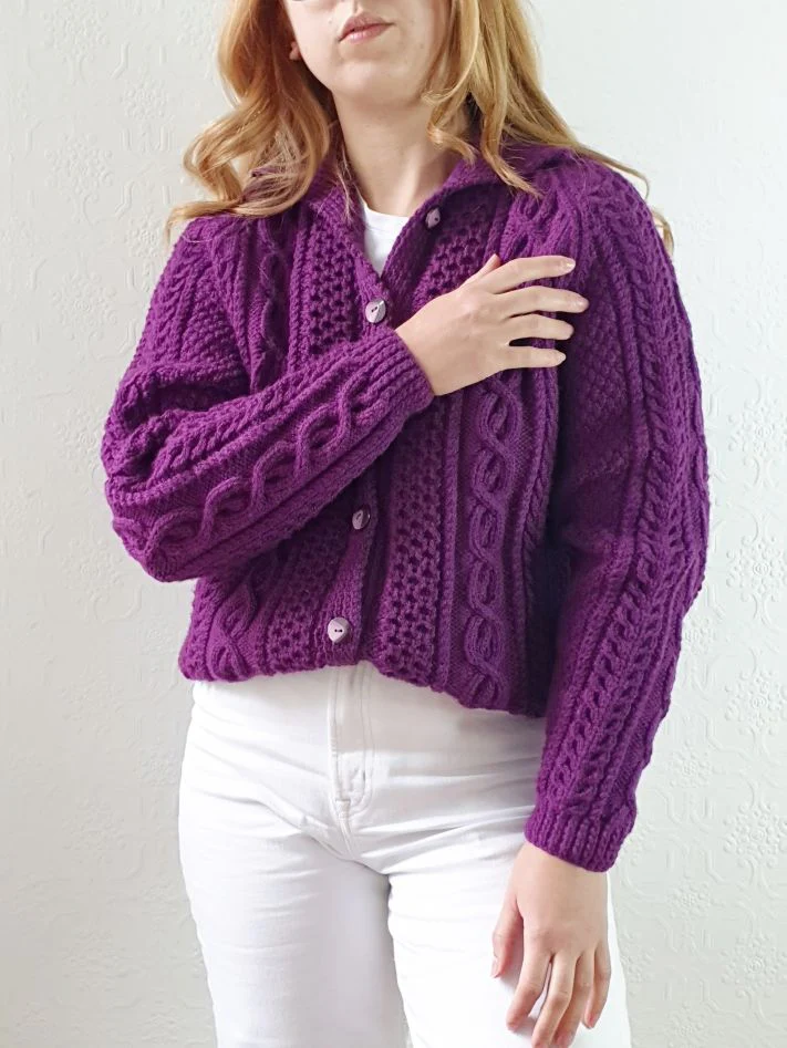 Vintage Pure Wool Handknitted Purple Aran Cardigan - S - Image 7