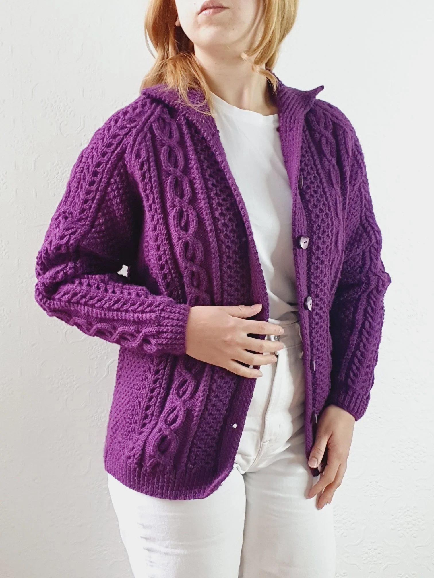 Vintage Pure Wool Handknitted Purple Aran Cardigan - S - Image 9