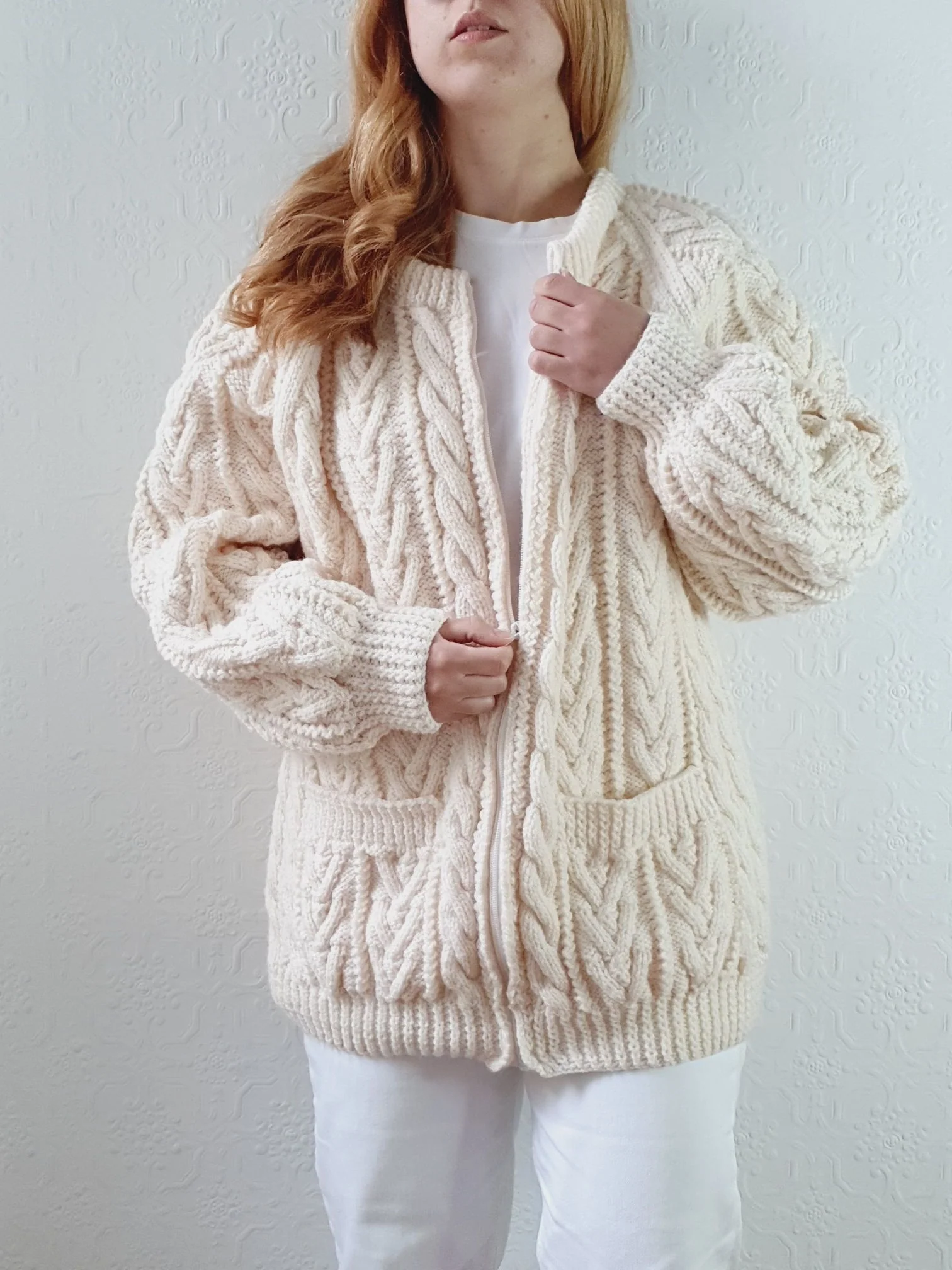 Vintage Pure Wool Handknitted Zip Up Cream Aran Cardigan - L/XL