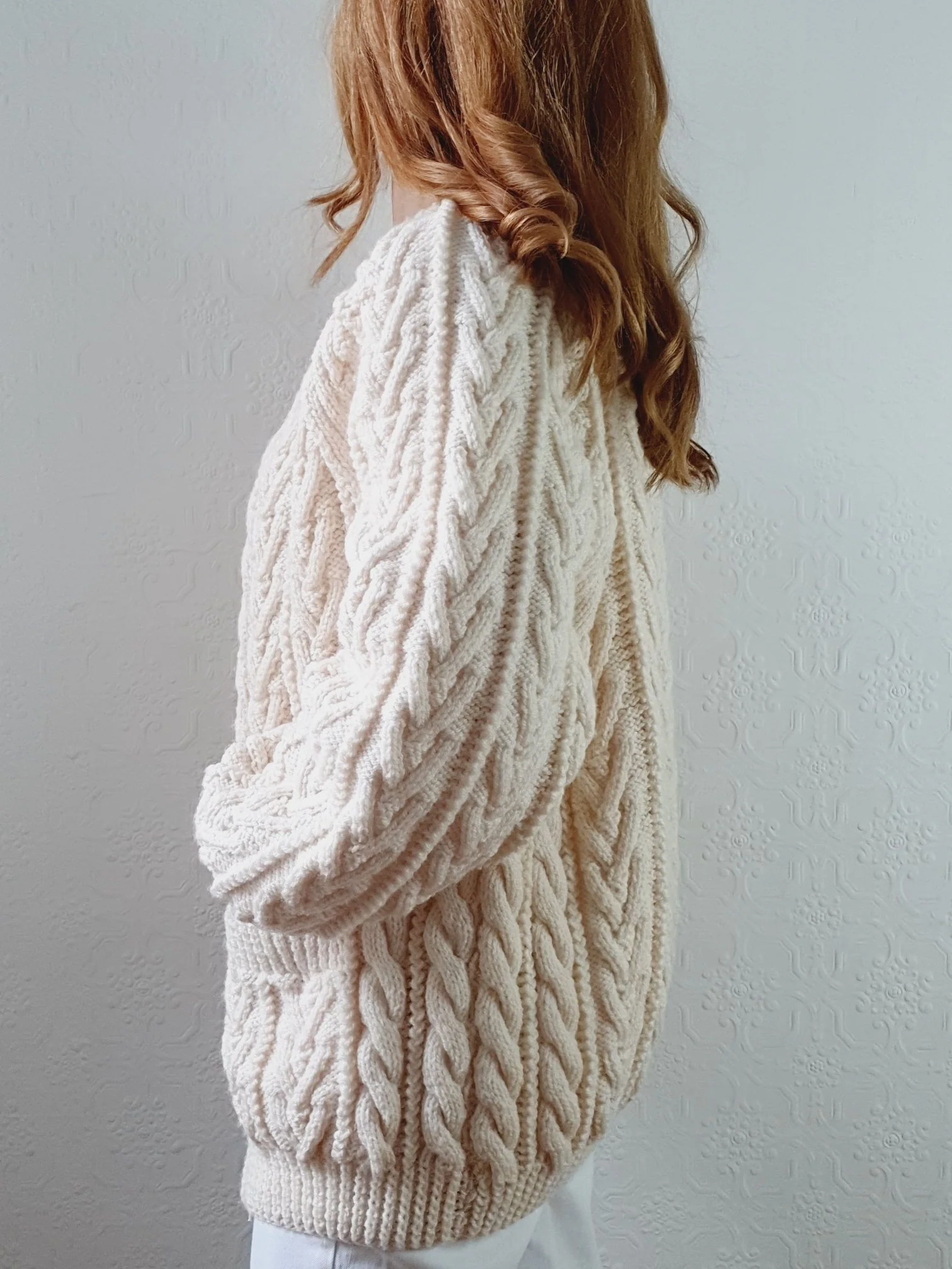 Vintage Pure Wool Handknitted Zip Up Cream Aran Cardigan - L/XL - Image 10