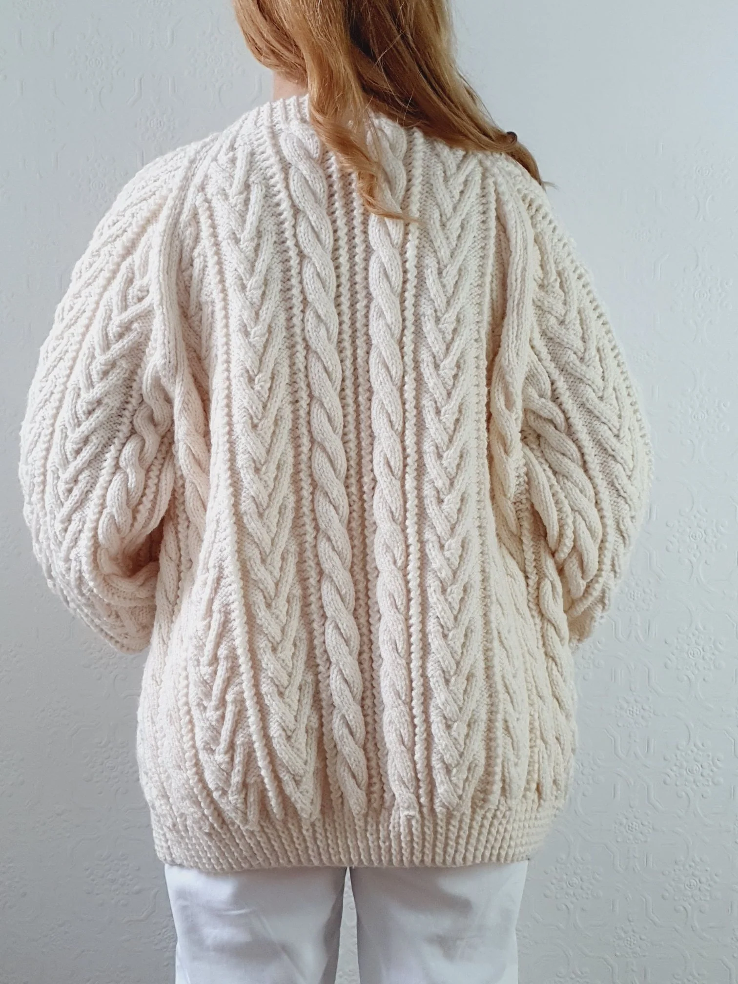 Vintage Pure Wool Handknitted Zip Up Cream Aran Cardigan - L/XL - Image 11