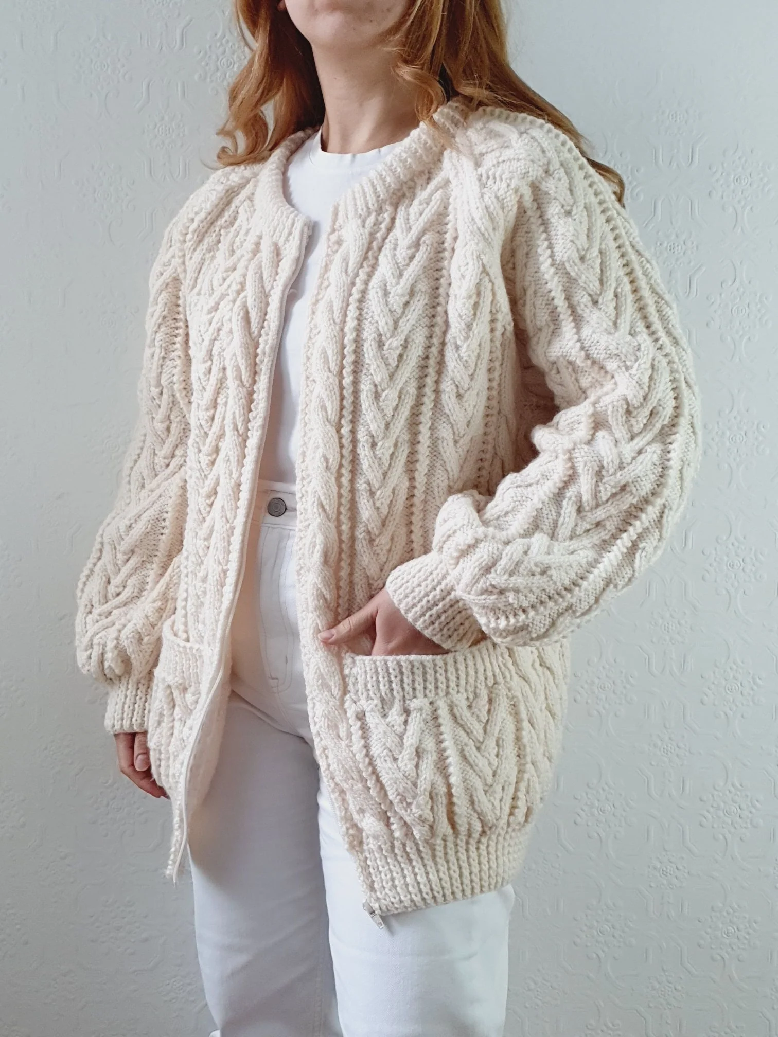 Vintage Pure Wool Handknitted Zip Up Cream Aran Cardigan - L/XL - Image 2