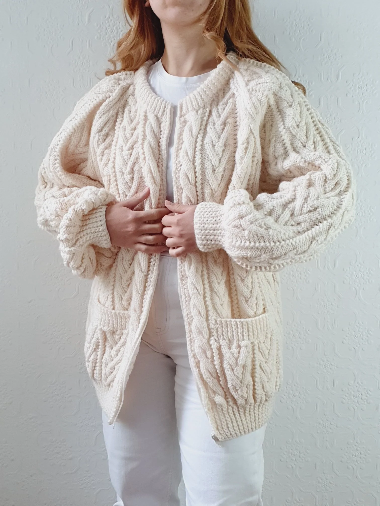 Vintage Pure Wool Handknitted Zip Up Cream Aran Cardigan - L/XL - Image 3