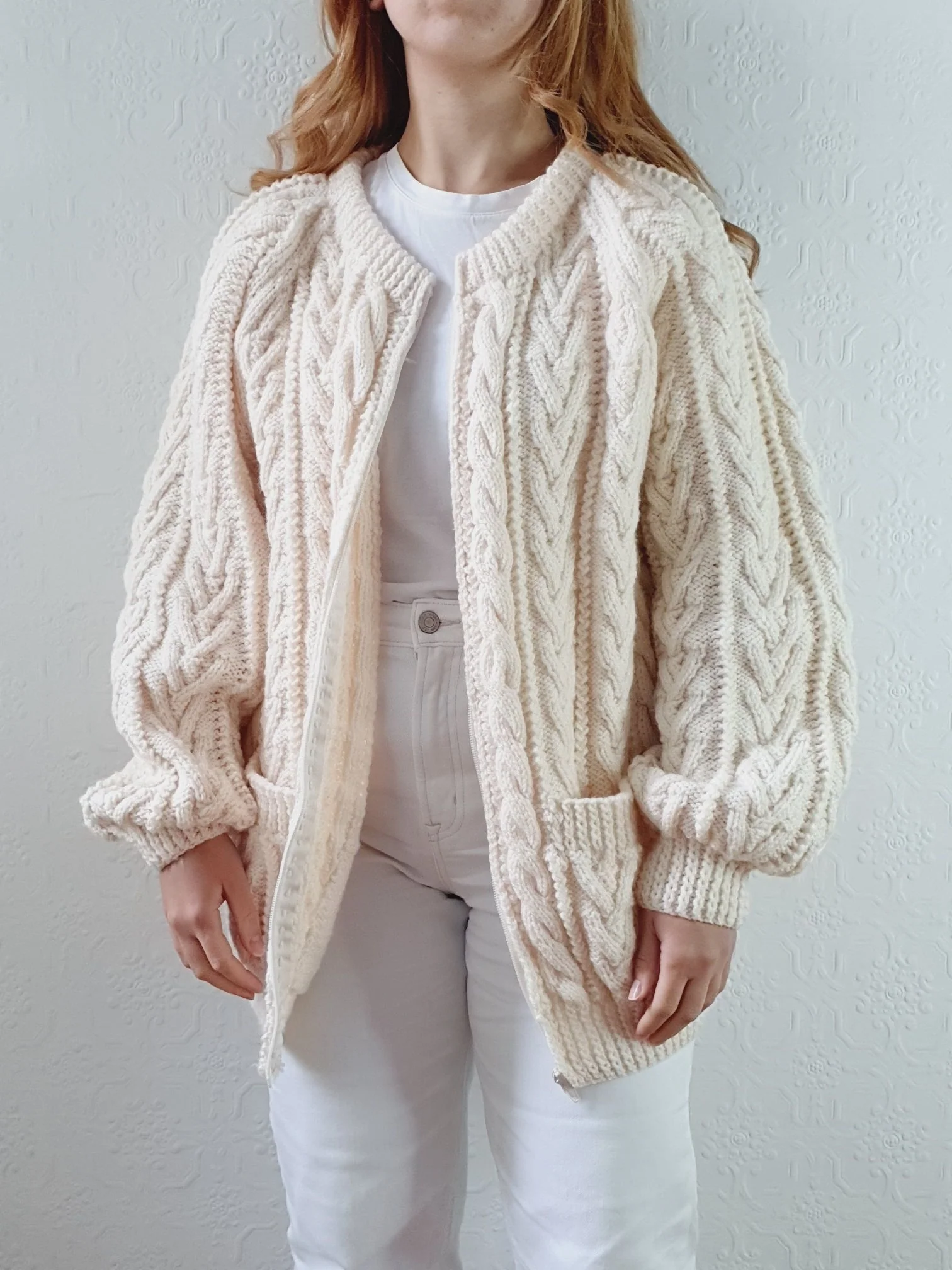 Vintage Pure Wool Handknitted Zip Up Cream Aran Cardigan - L/XL - Image 4