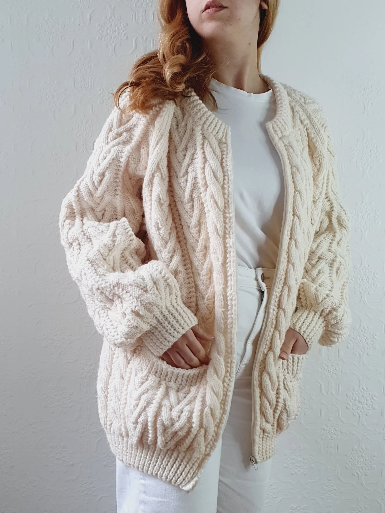 Vintage Pure Wool Handknitted Zip Up Cream Aran Cardigan - L/XL - Image 5