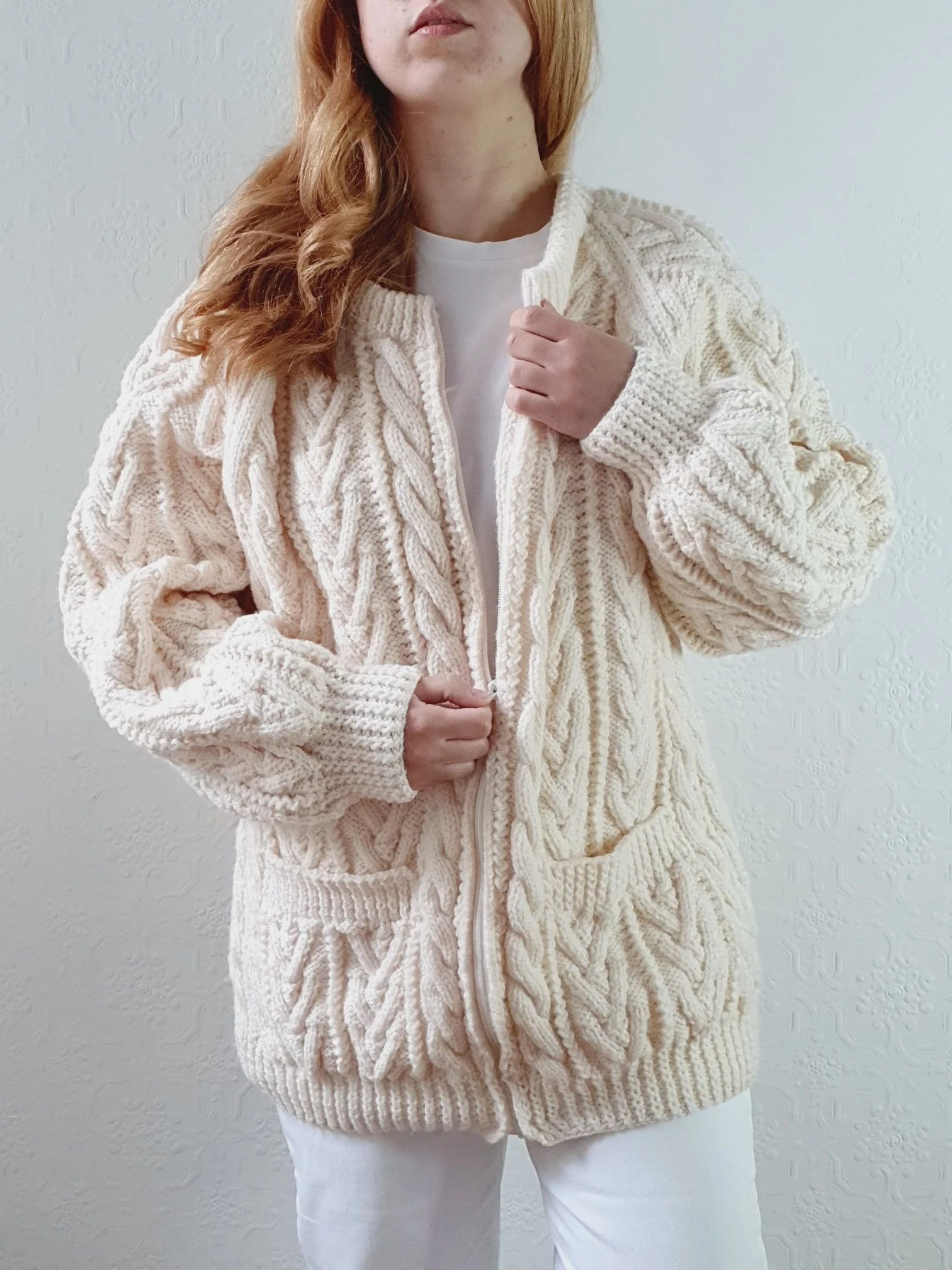 Vintage Pure Wool Handknitted Zip Up Cream Aran Cardigan - L/XL - Image 6