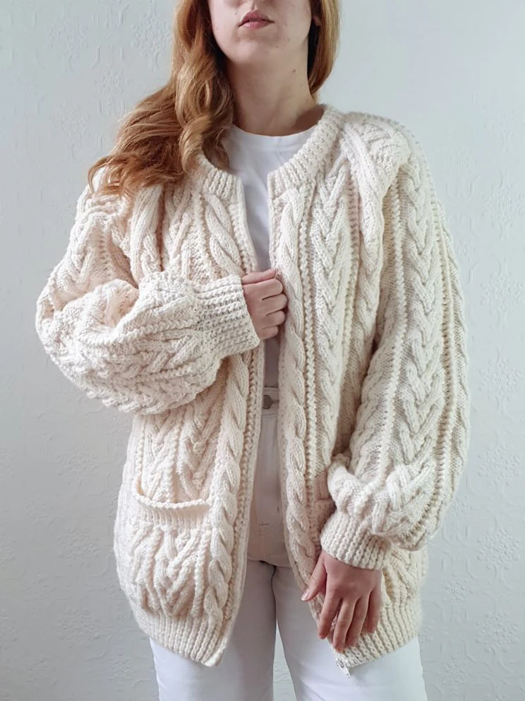 Vintage Pure Wool Handknitted Zip Up Cream Aran Cardigan - L/XL - Image 7