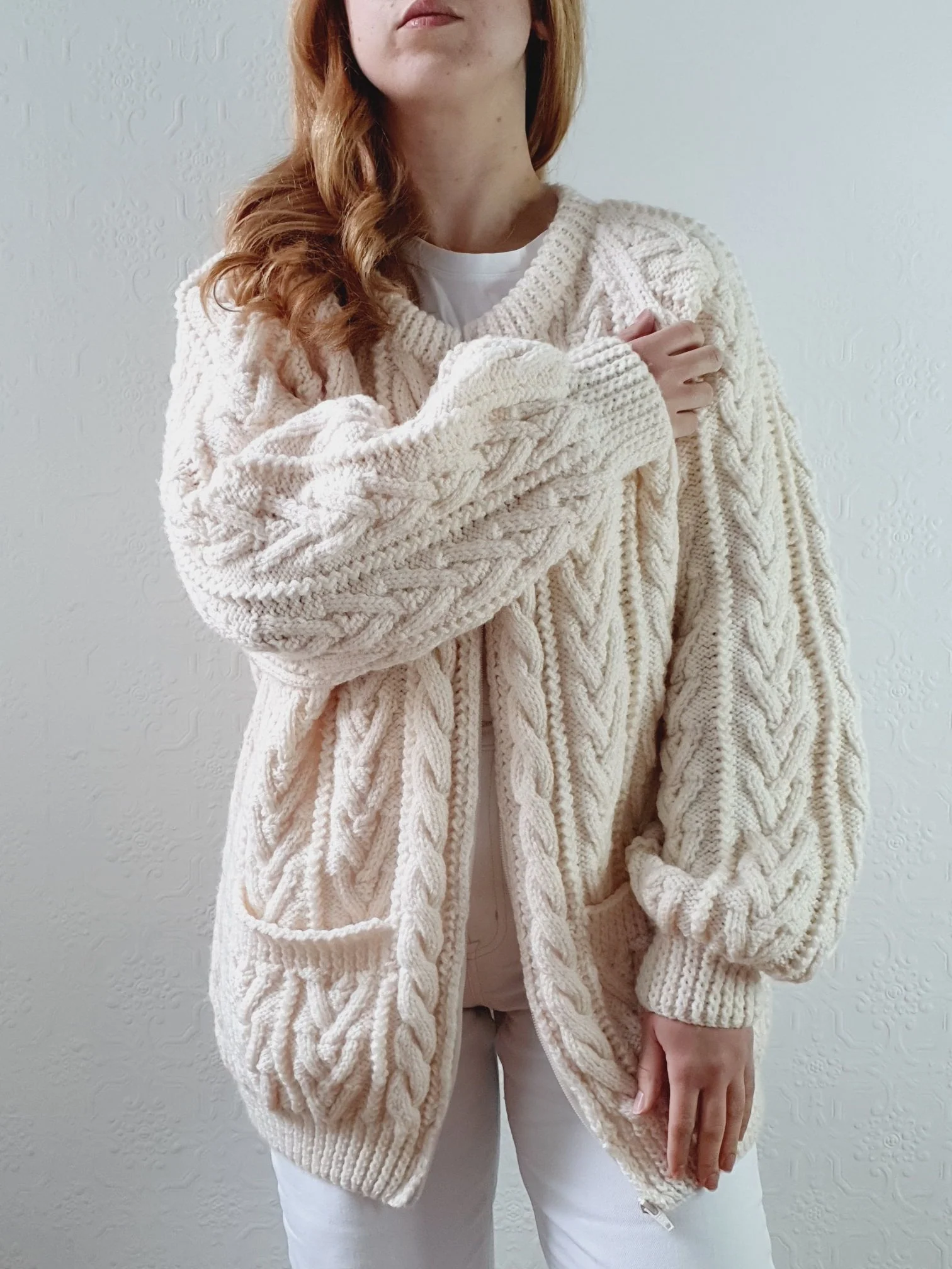 Vintage Pure Wool Handknitted Zip Up Cream Aran Cardigan - L/XL - Image 9