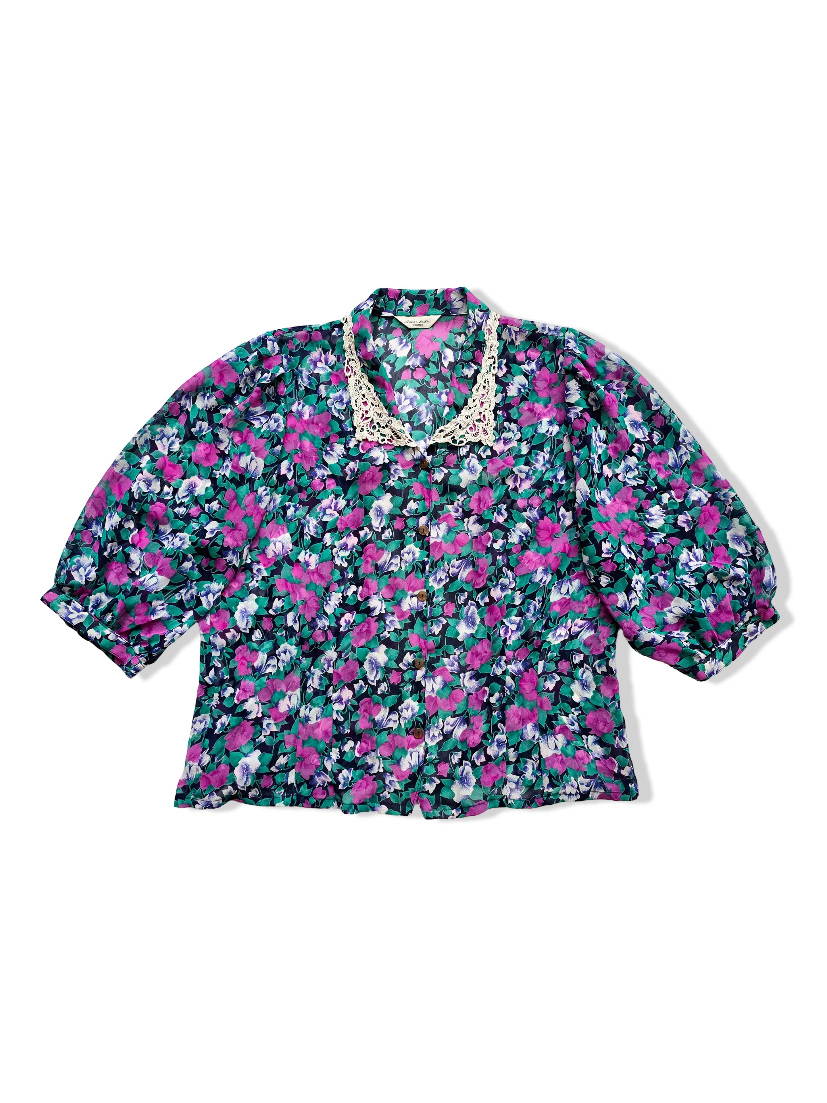 Vintage Purple Floral Print Blouse With Lace Collar - M/L