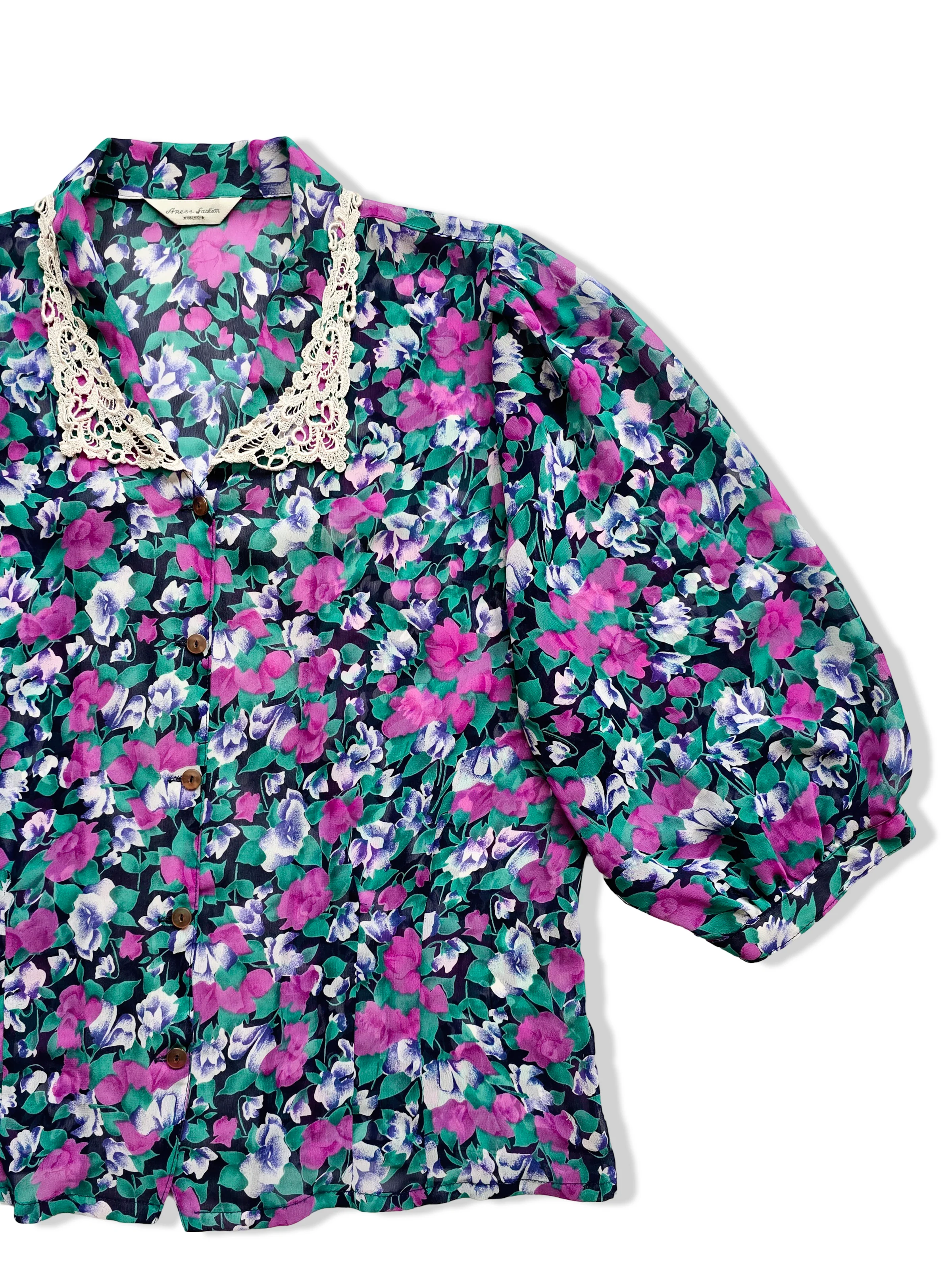 Vintage Purple Floral Print Blouse With Lace Collar - M/L - Image 2