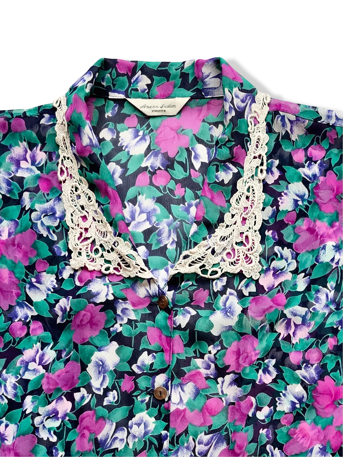 Vintage Purple Floral Print Blouse With Lace Collar - M/L - Image 3